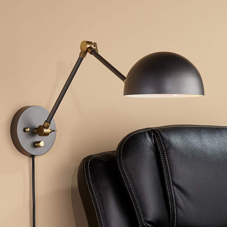 Image 1 Kenora Gunmetal and Brass Plug-In Swing Arm Wall Lamp