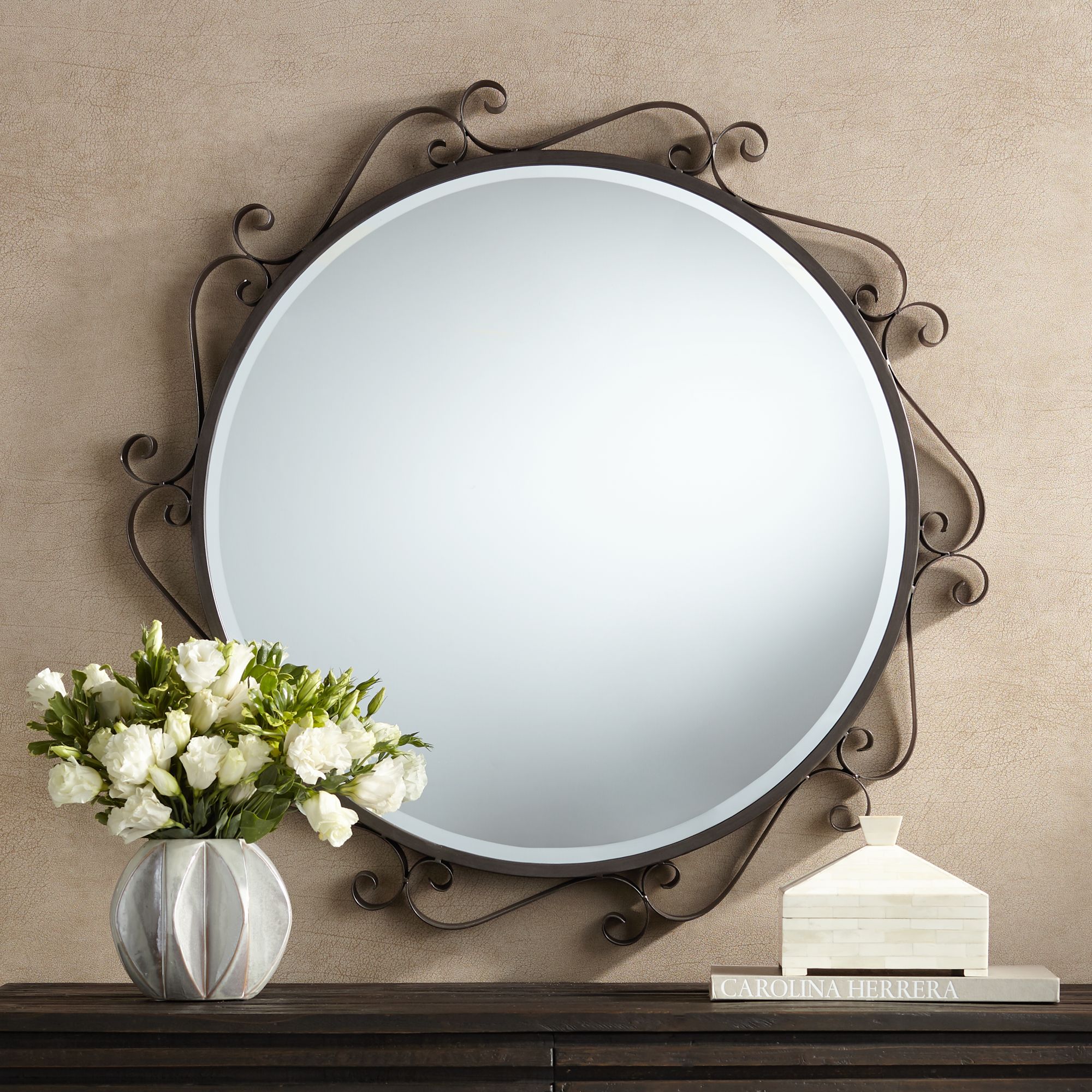 San Miguel Bronze Iron Scroll 36" Round Wall Mirror