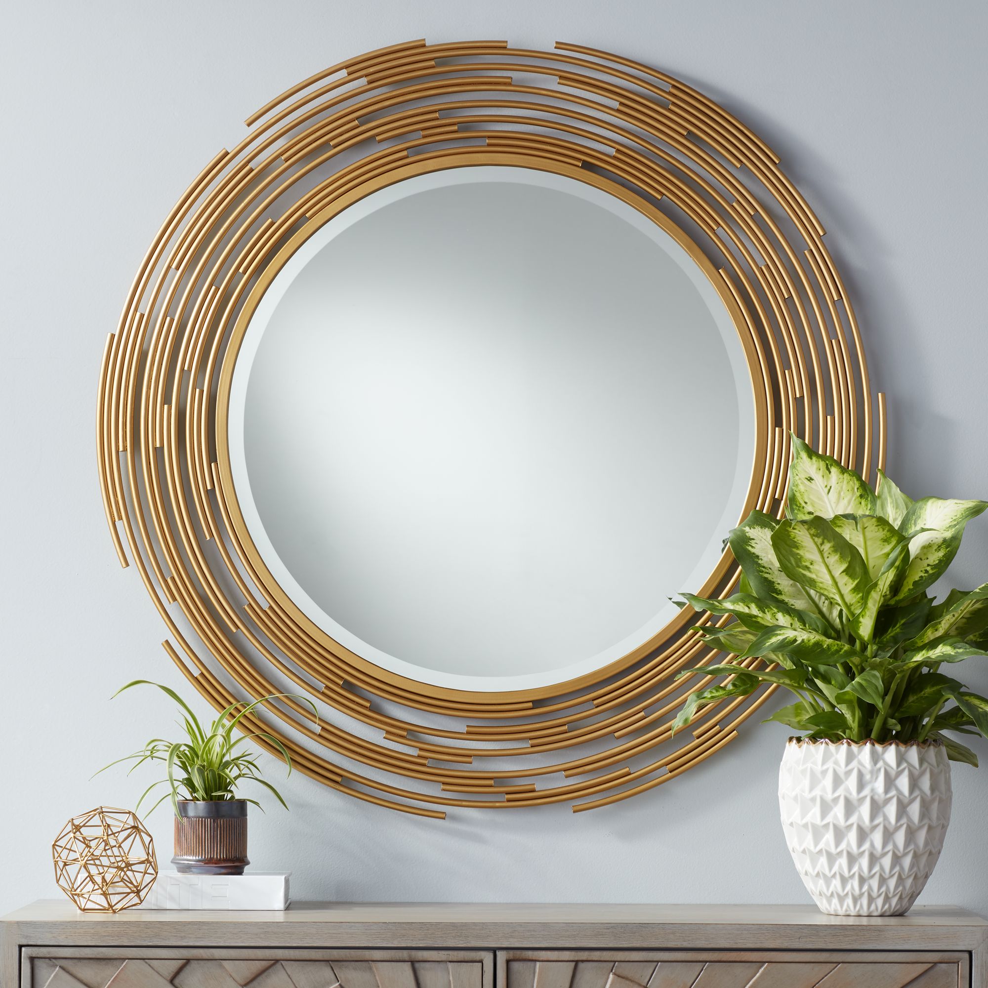 Rinaldi Gold Iron Layered Pipe 34" Round Wall Mirror