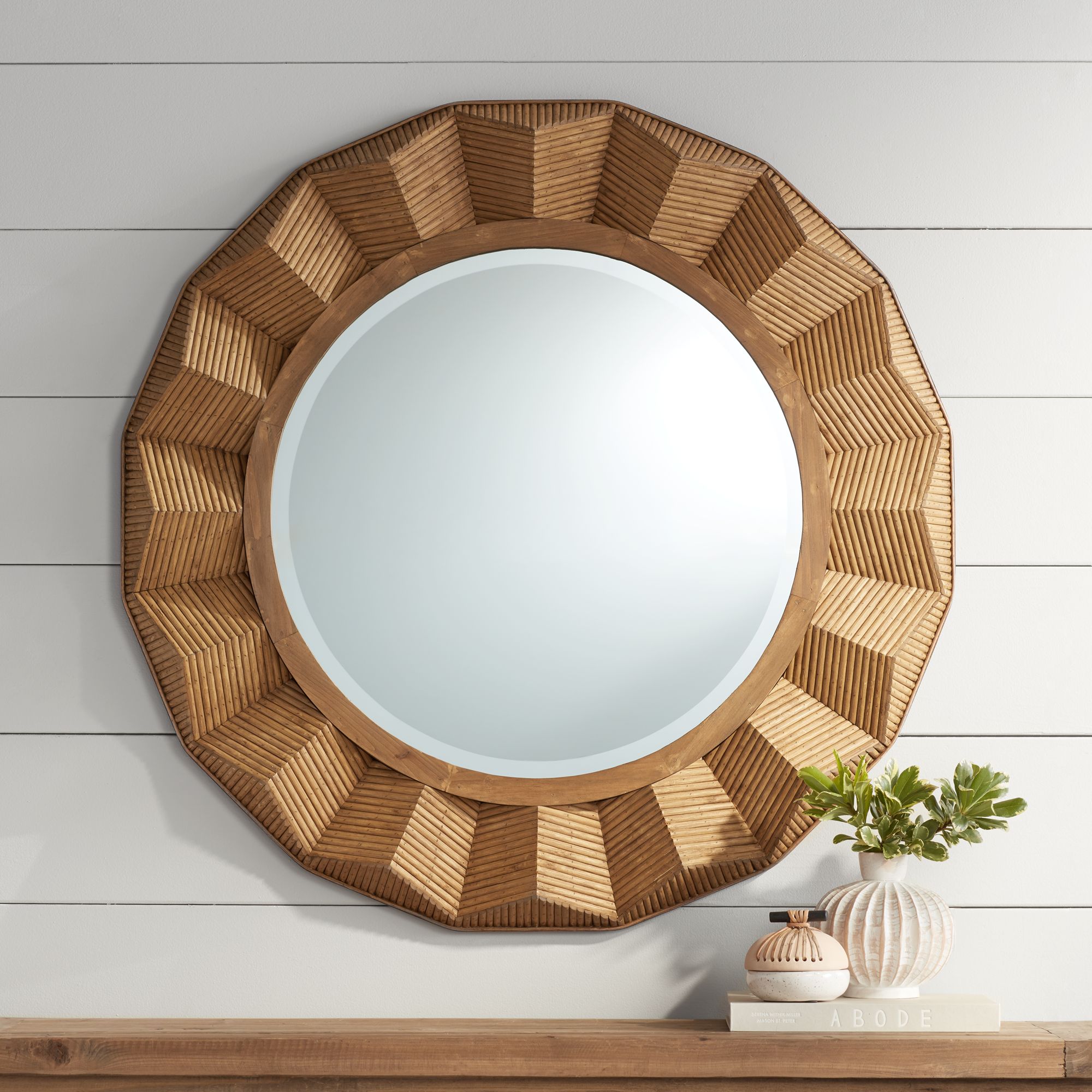 Preston Dark Rattan 36" Round Angled Framed Wall Mirror