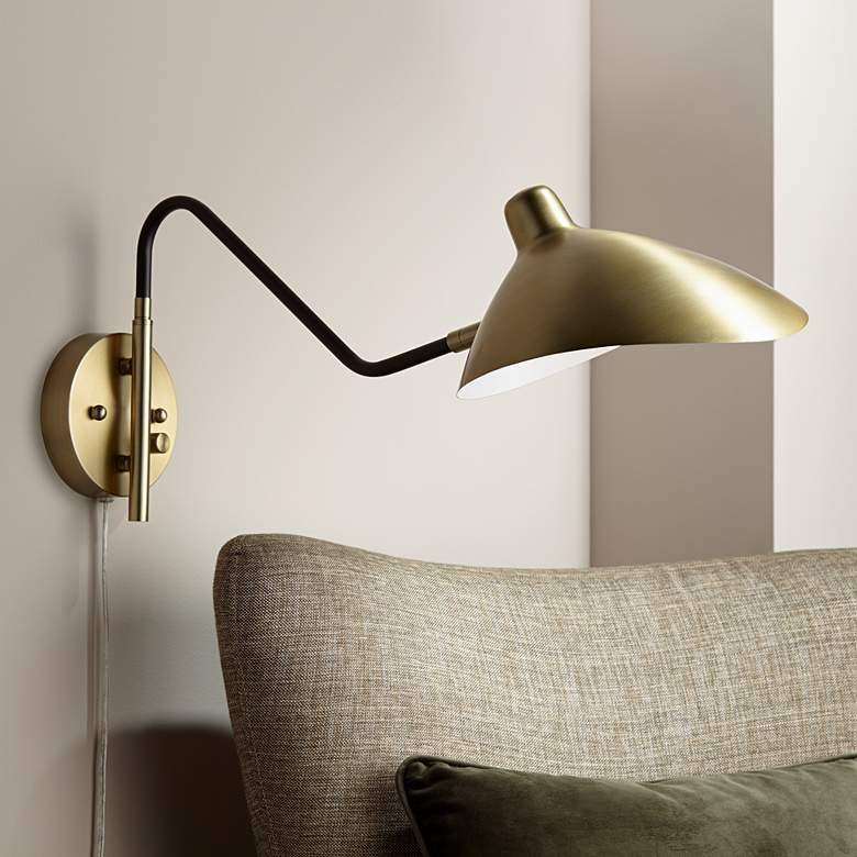 Colborne Brass and Black Adjustable Swing Arm Plug-In Wall Lamp