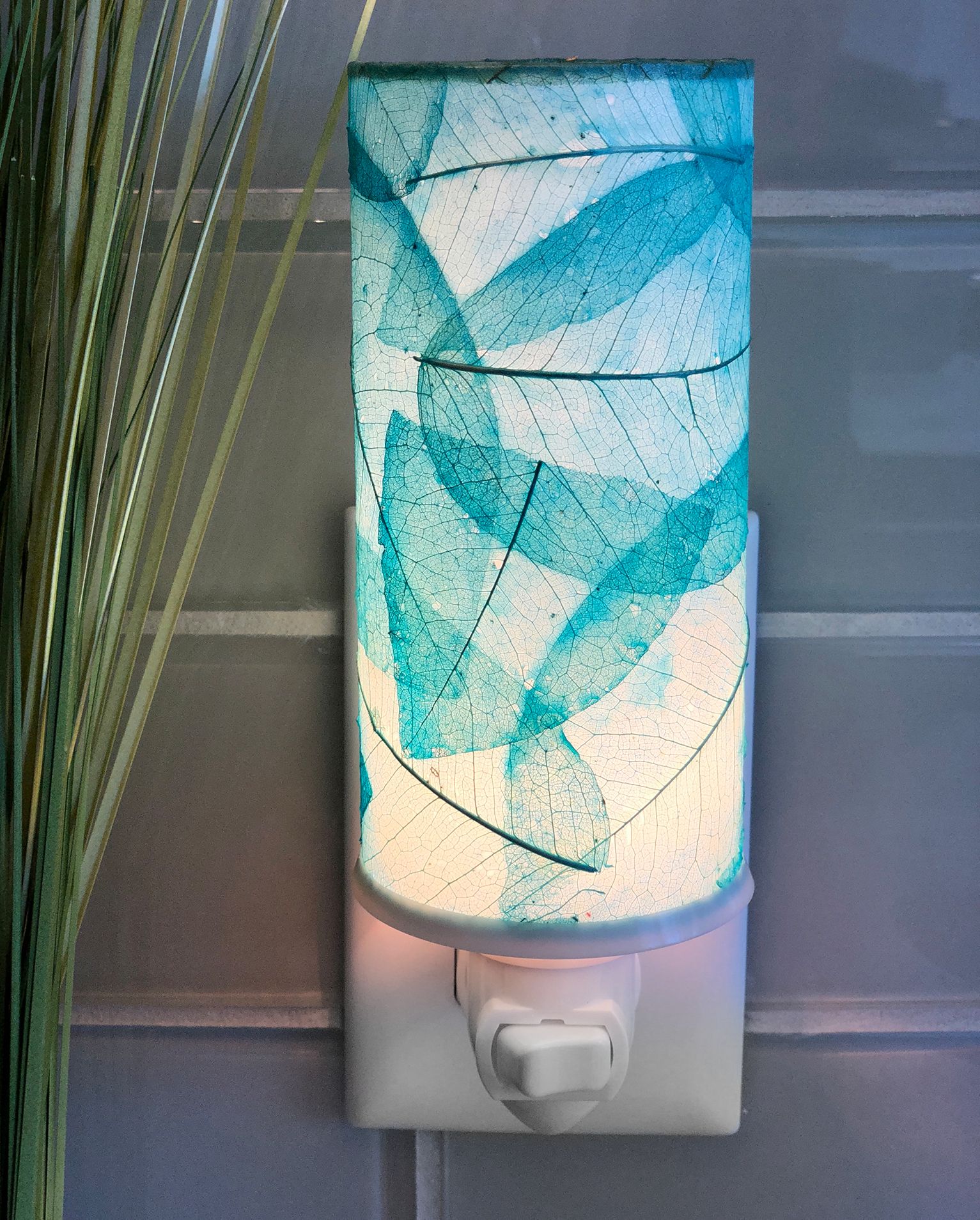Eangee Cylinder 7" High Sea Blue Banyan Leaf Plug-In Night Light