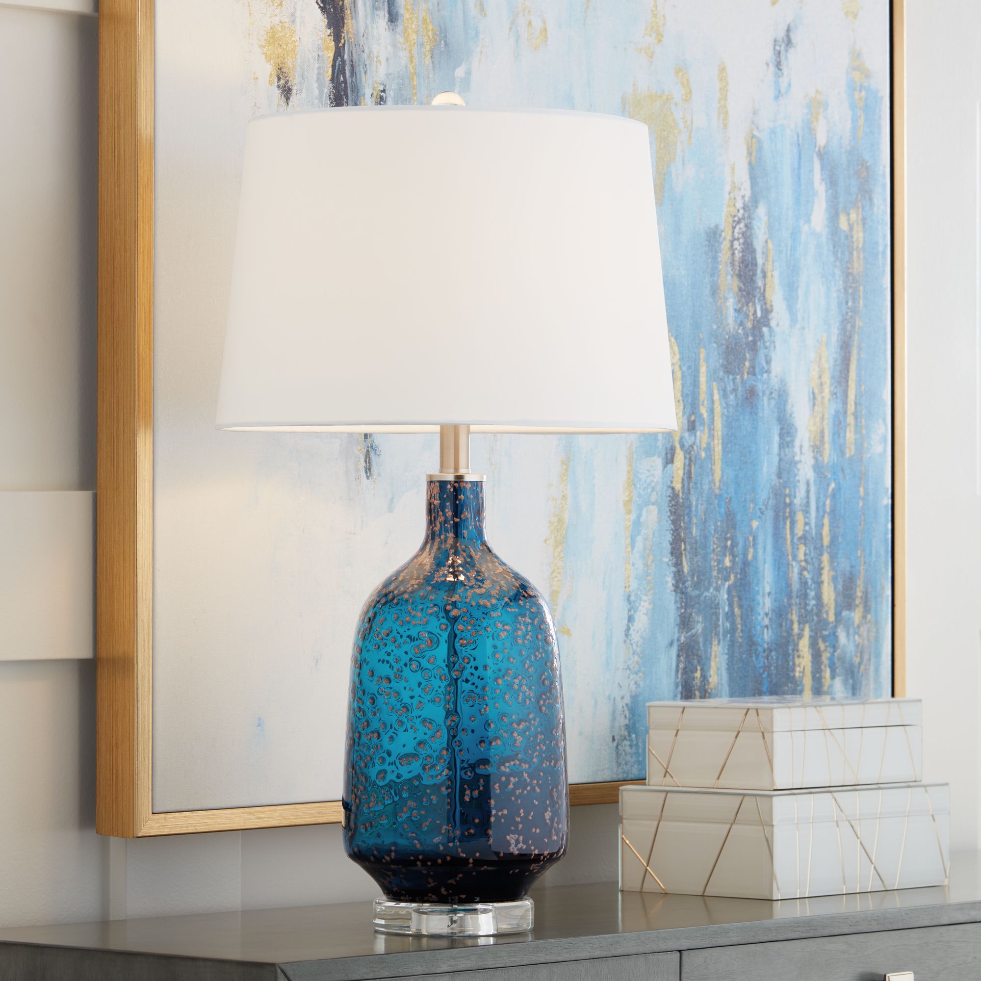 Possini Euro Ryan Blue Art Glass Modern Table Lamp