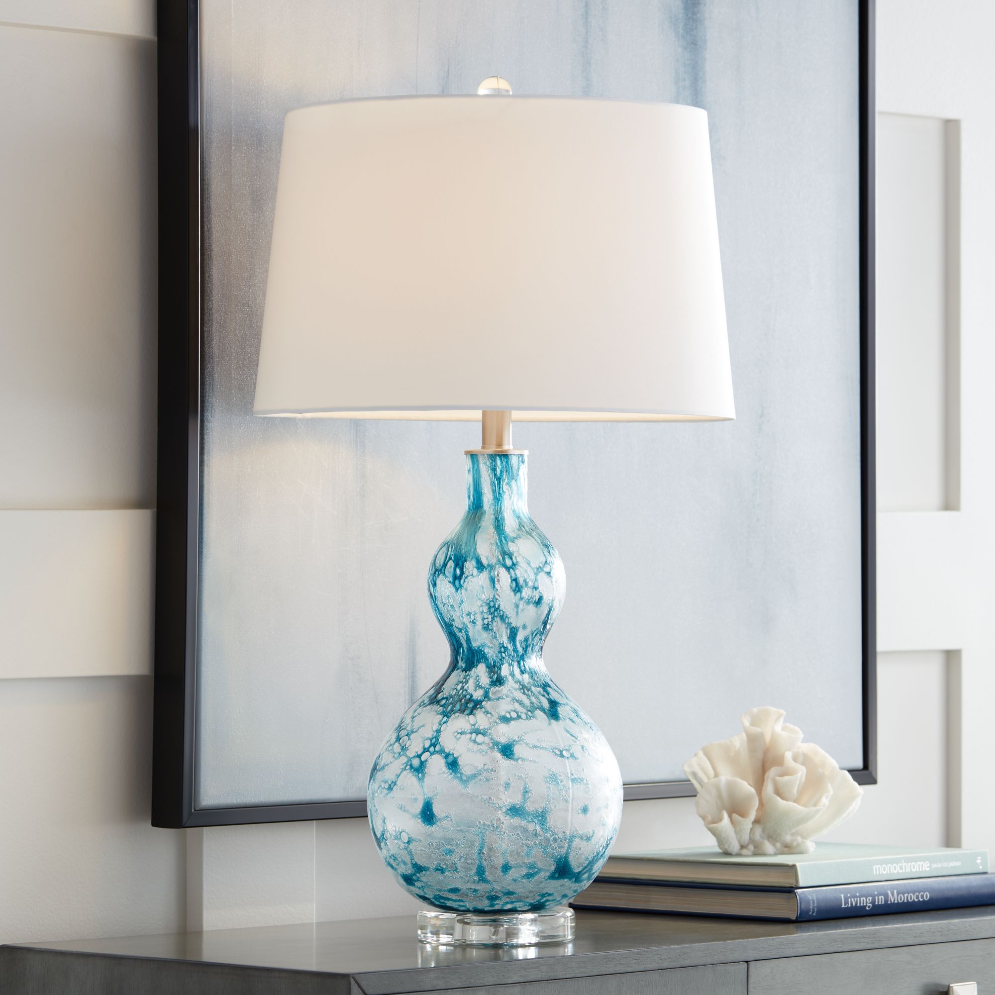 Possini Euro Sutton Blue and White Coastal Modern Art Glass Table Lamp