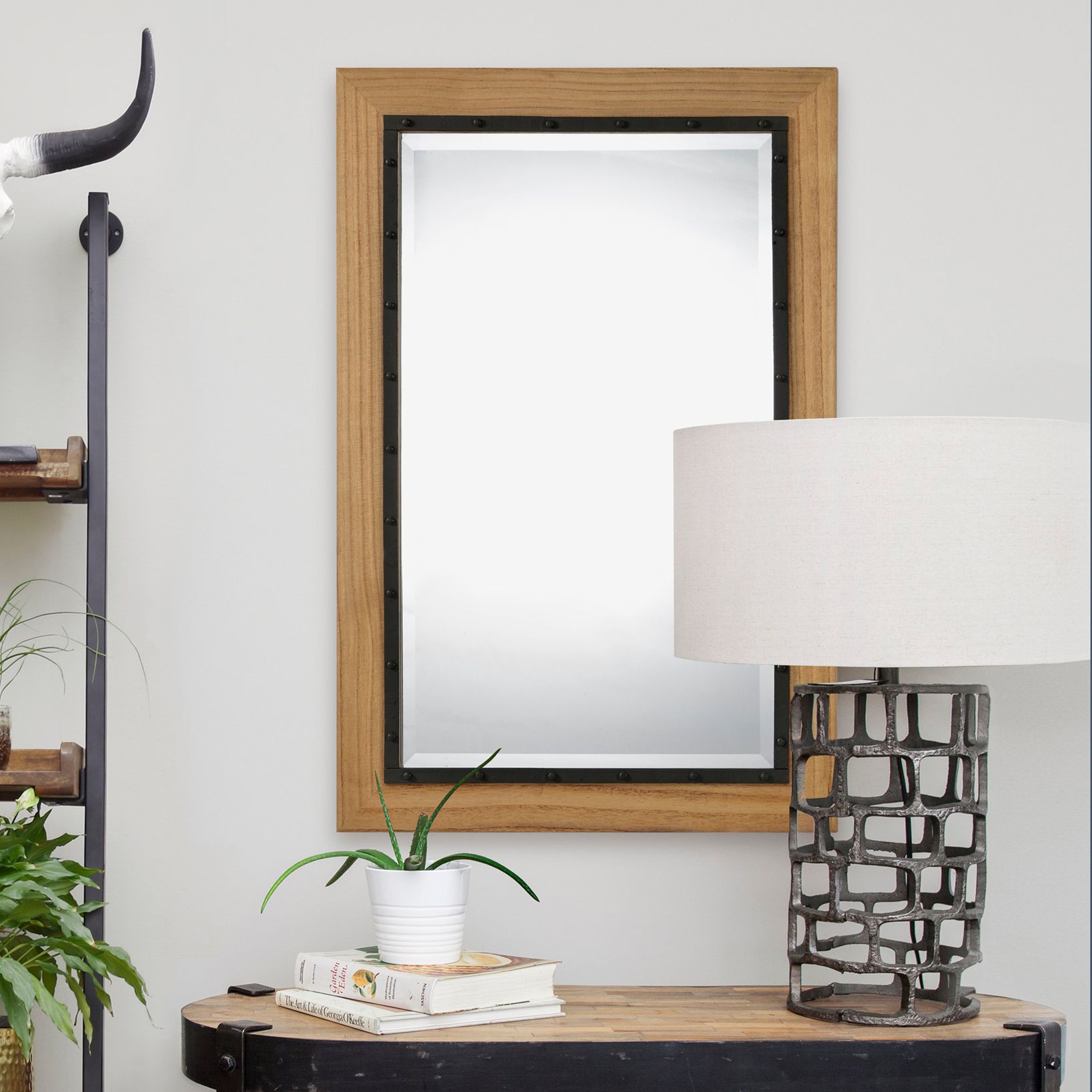 Uni Black and Natural Wood 24" x 36" Rectangular Wall Mirror