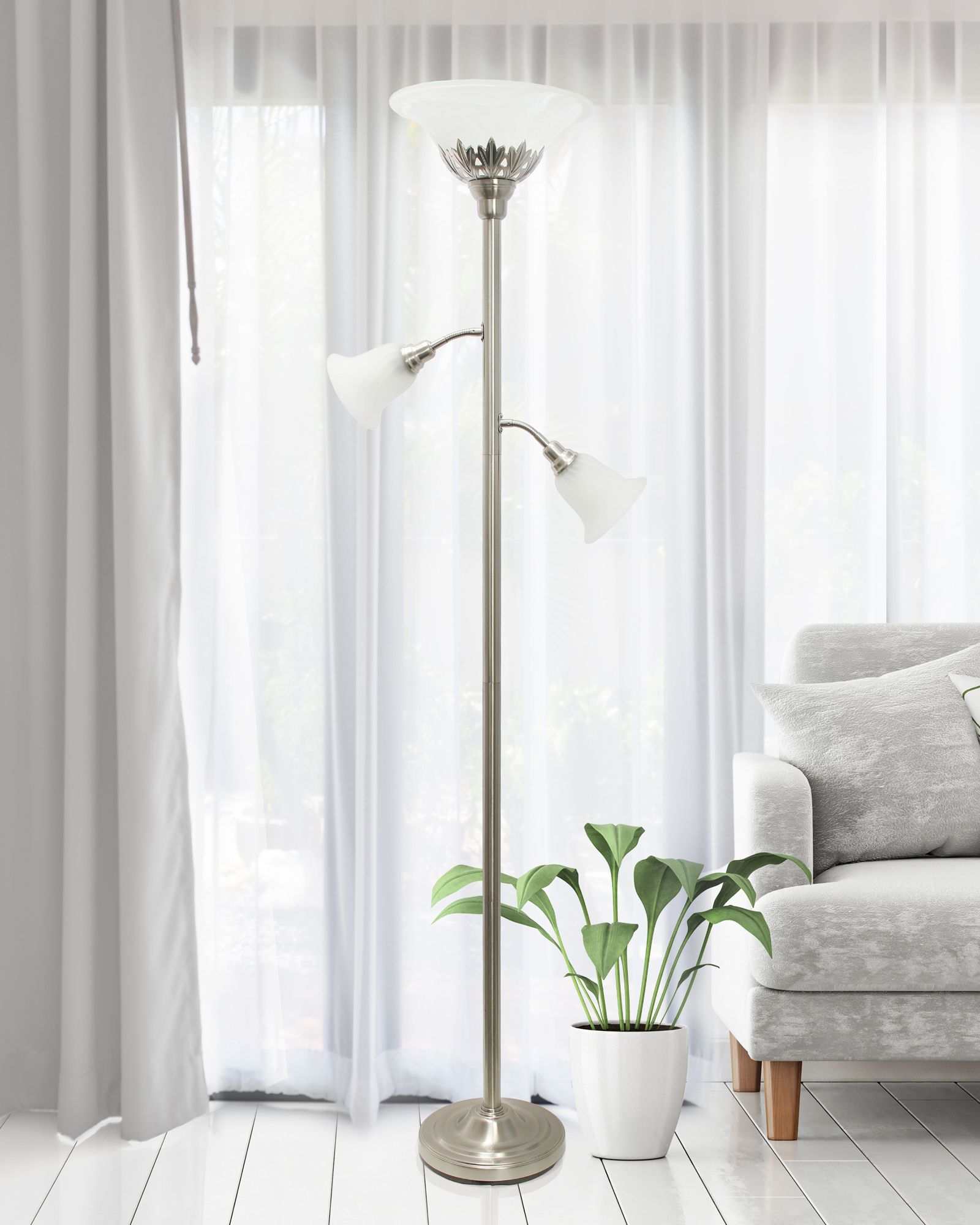 Elegant Designs Brushed Nickel 3-Light Torchiere Floor Lamp