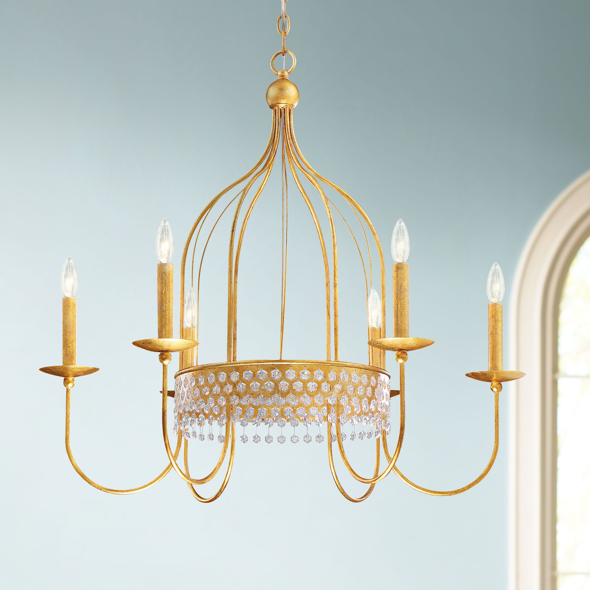 Kingsmont 32" Wide Glitz Gold Leaf Cage 6-Light Chandelier