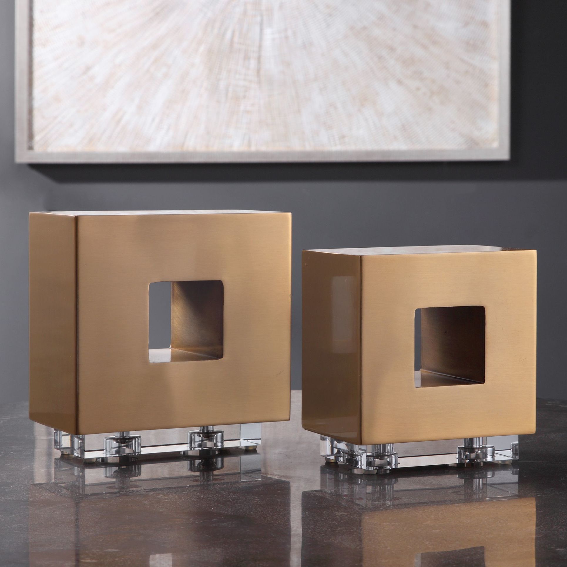 Uttermost Rooney Antique Brass Iron Cube Sculptures Set of 2