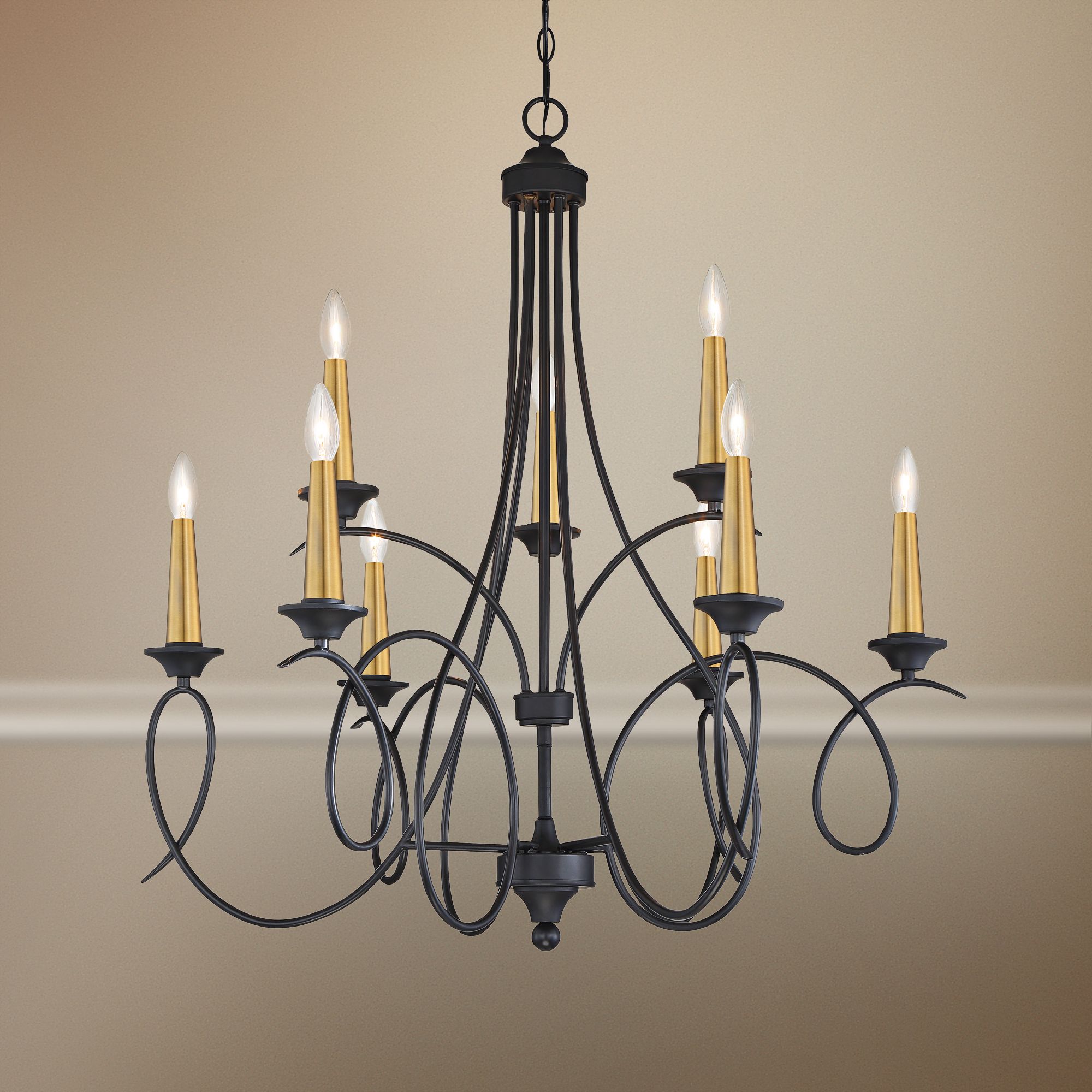 La Courbe 34 1/2"W Black w/ Antique Brass 9-Light Chandelier