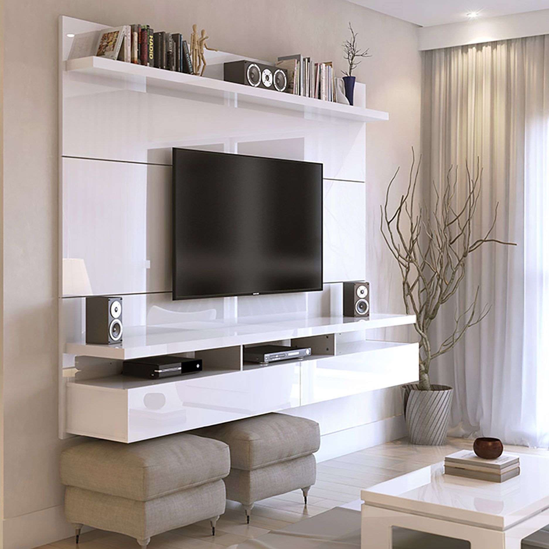 City 63"W White Glossy Wood Floating Entertainment Center