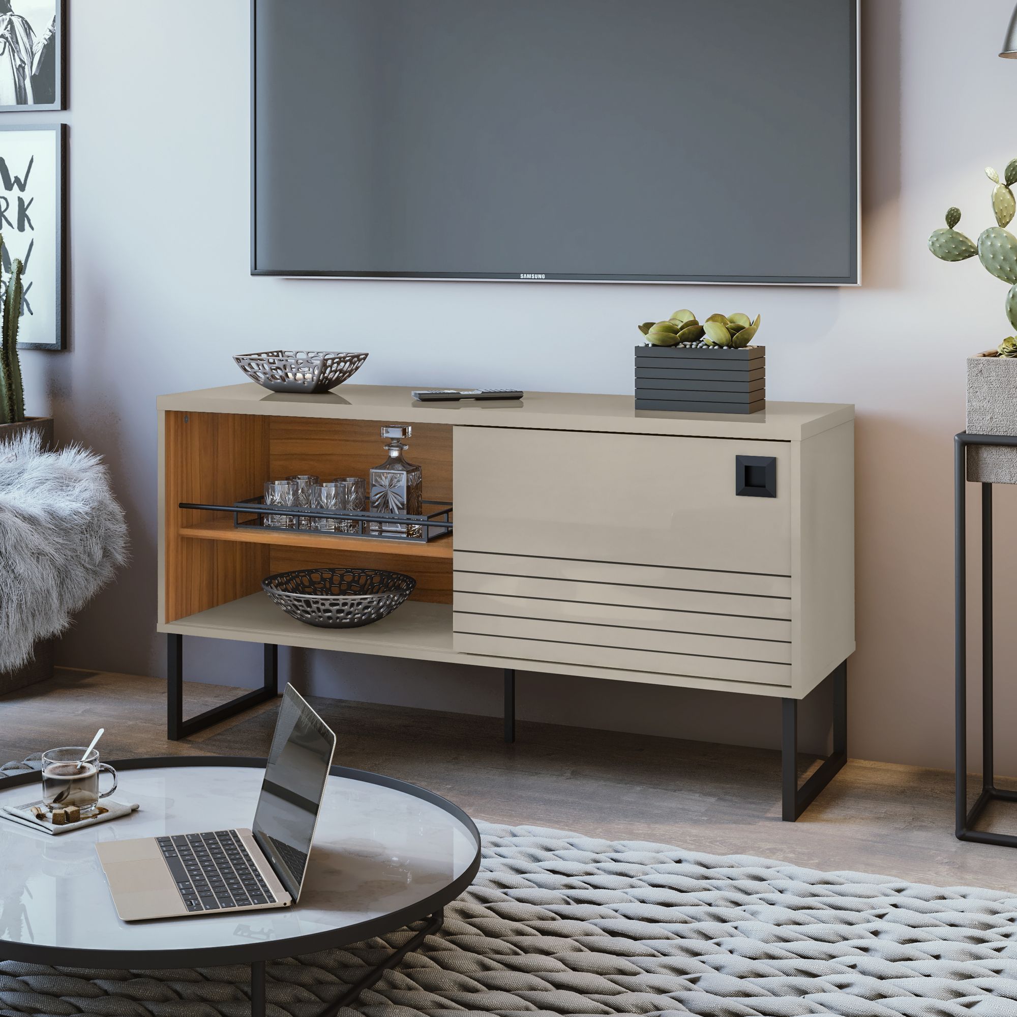 Loft 47 1/4" Wide Off-White Wood TV Stand with Sliding Door