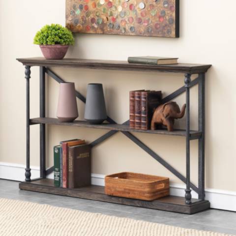 Wide Two Shelf Wood And Iron Book Case, Coast To Corbin Bookcase