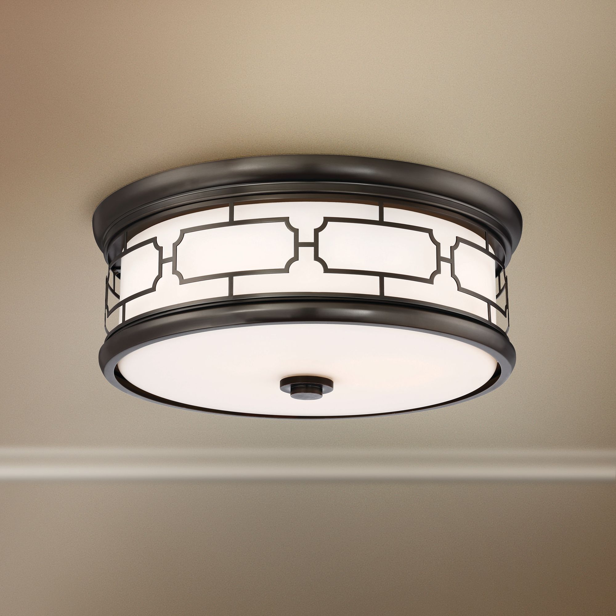 Flush Mount 16"W Harvard Court Bronze Drum LED Ceiling Light
