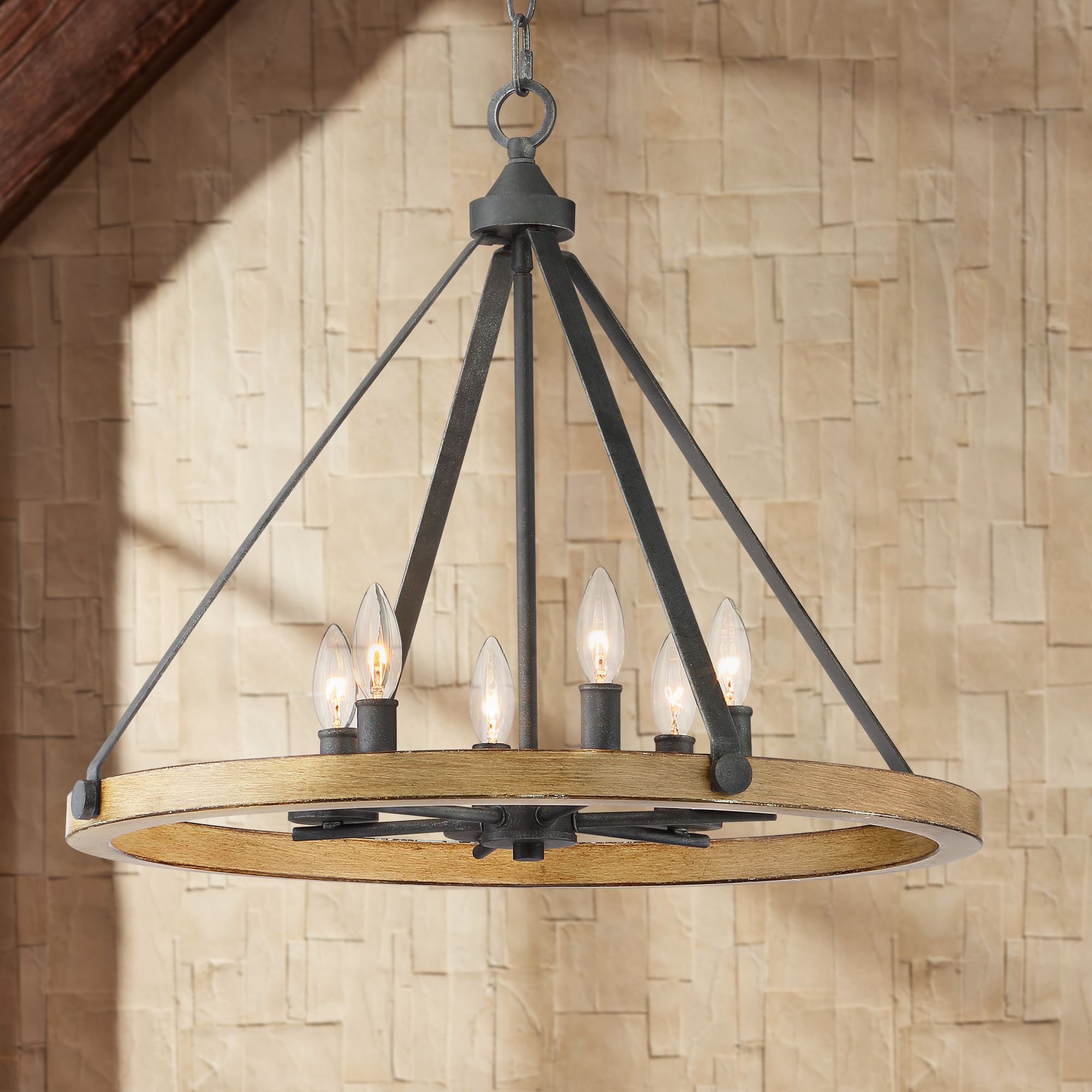 Markham 24" Wide Black and Ash Wood 6-Light Ring Chandelier