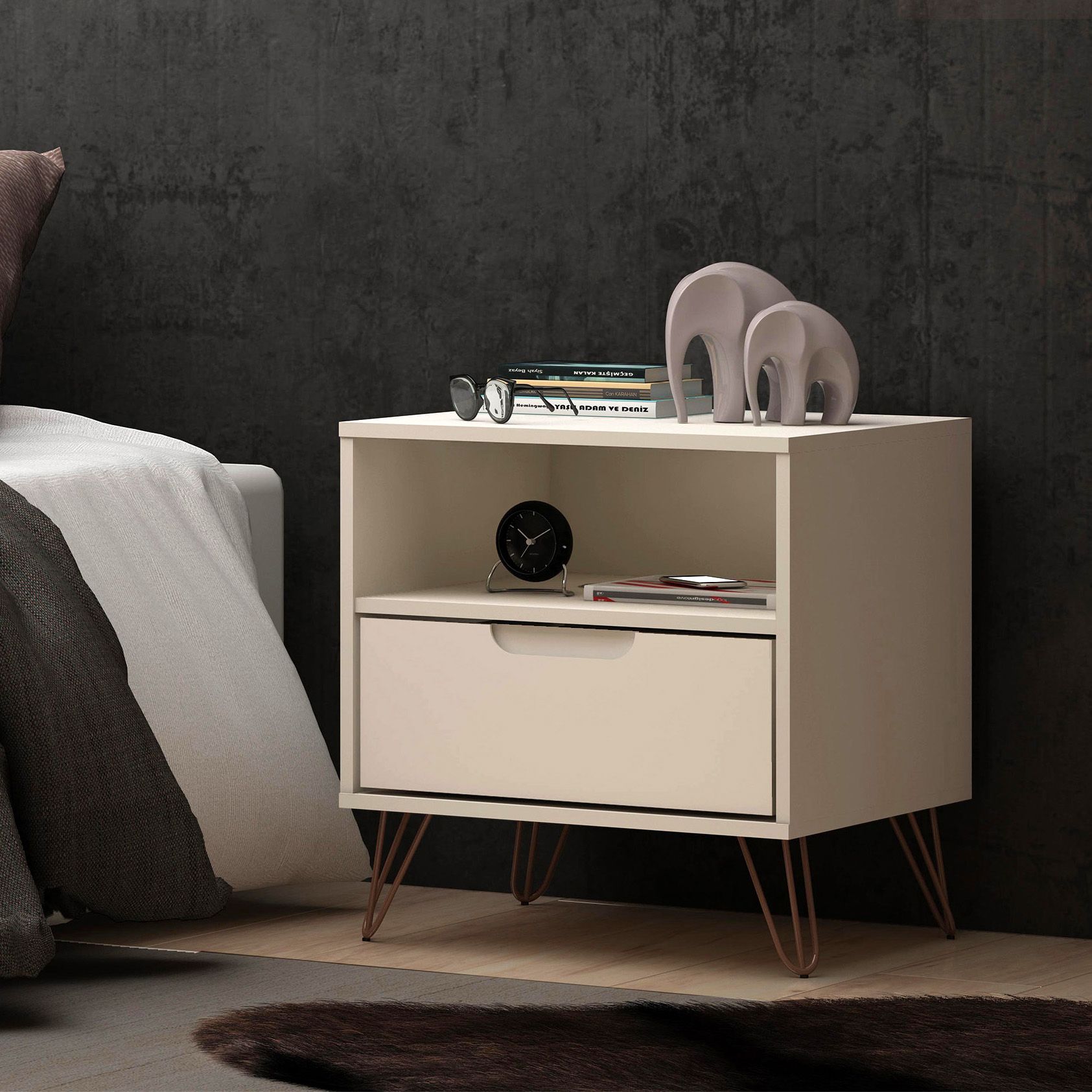 Rockefeller 20" Wide Off-White 1-Shelf 1-Drawer Nightstand