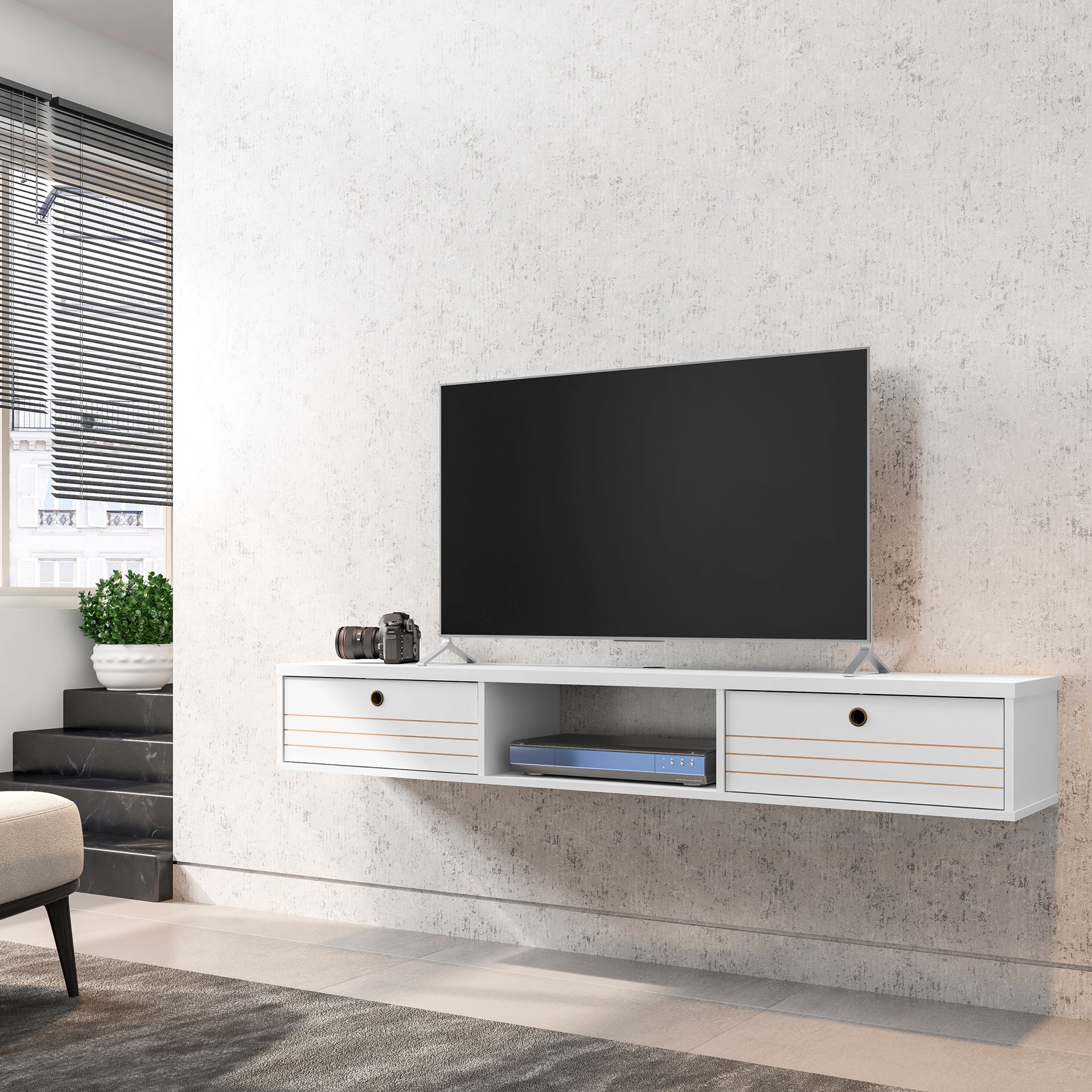Liberty 63" Wide White 3-Shelf Floating Entertainment Center