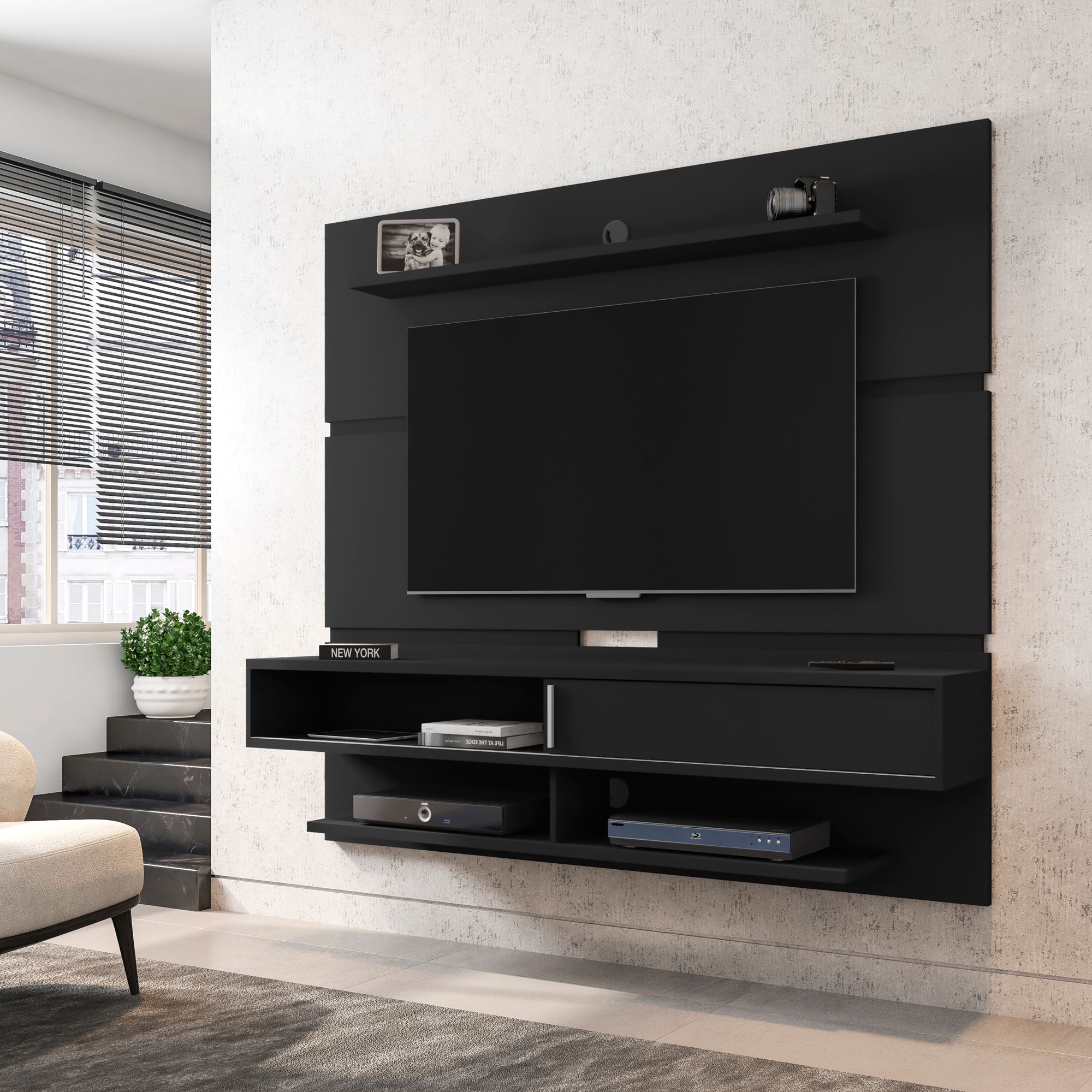 Astor 70 3/4"W Black 3-Shelf Floating Entertainment Center