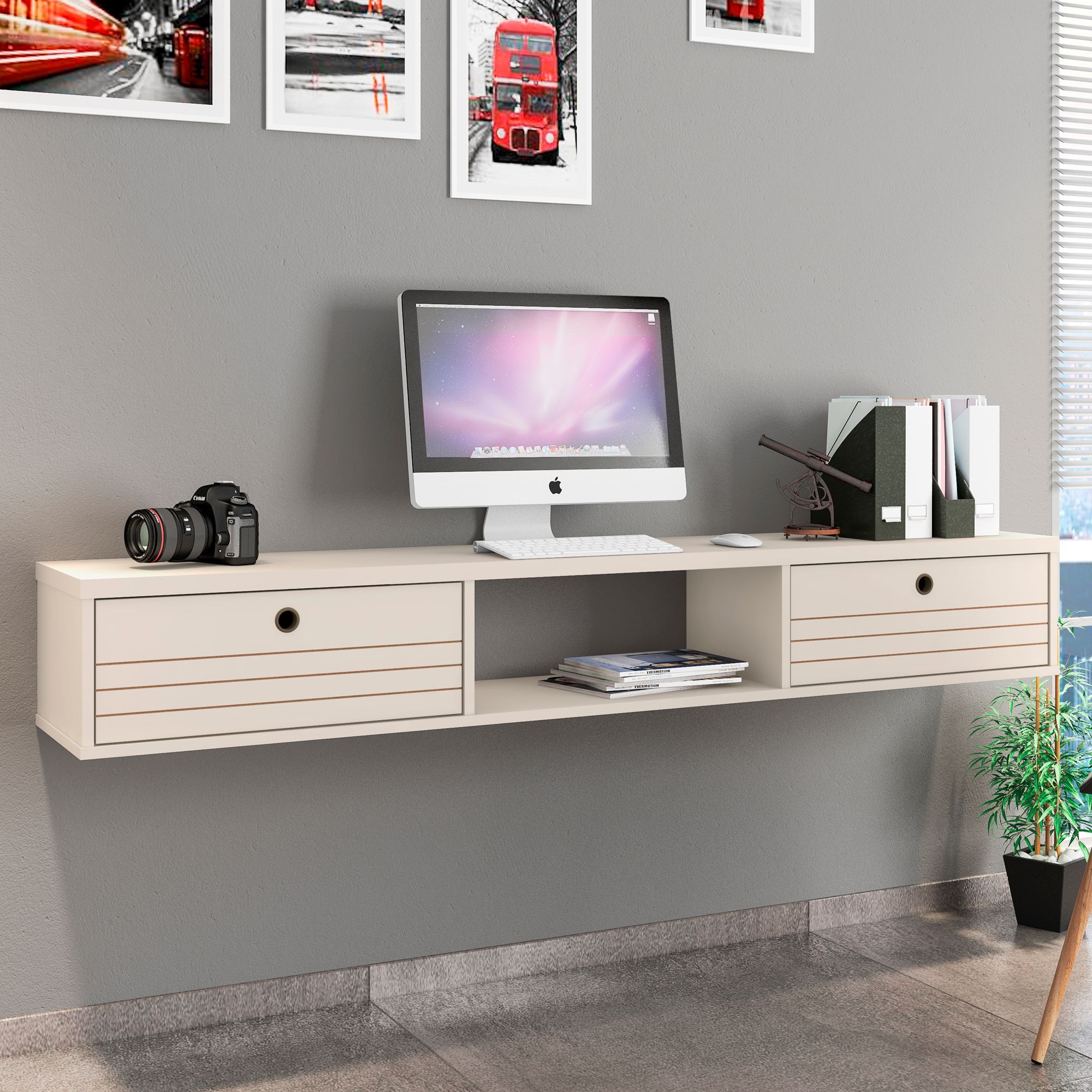 Liberty 63" Wide Off-White 3-Shelf Floating Office Desk