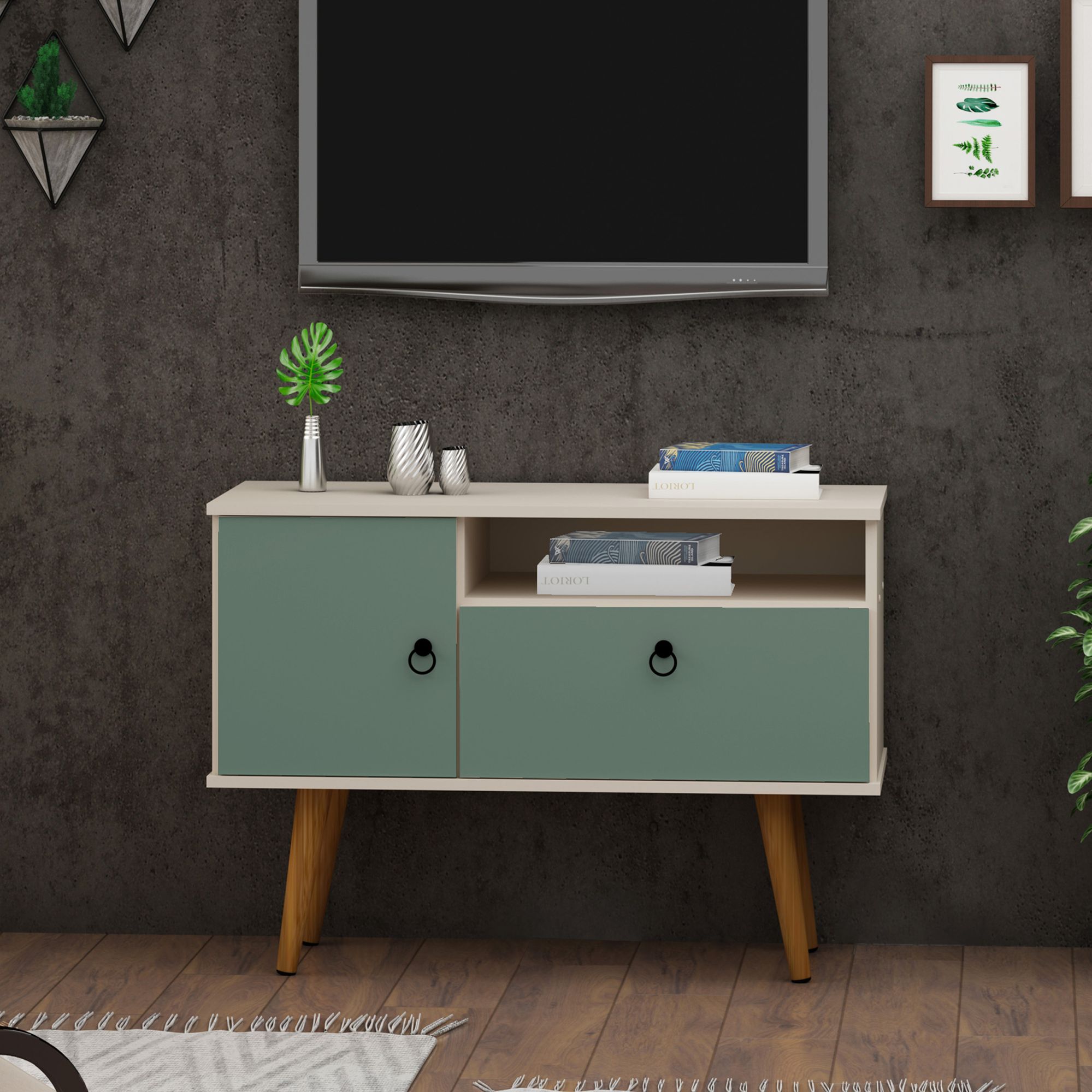 Tribeca 35 1/2"W Off-White and Green 1-Open Shelf TV Stand