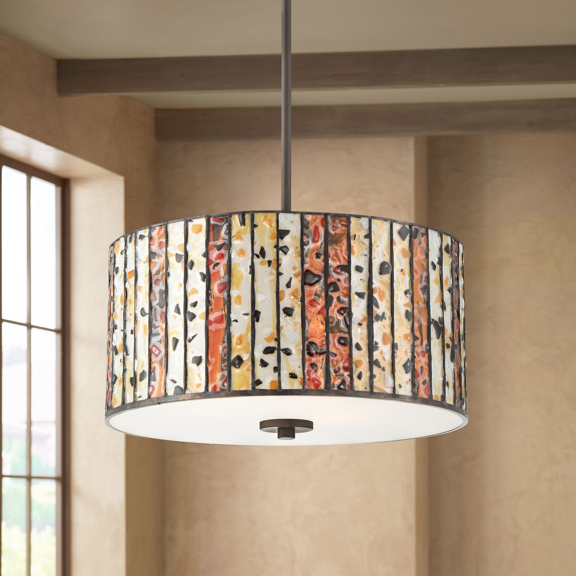 Welles 16 1/2" Wide Bronze Tiffany Glass Drum Pendant Light
