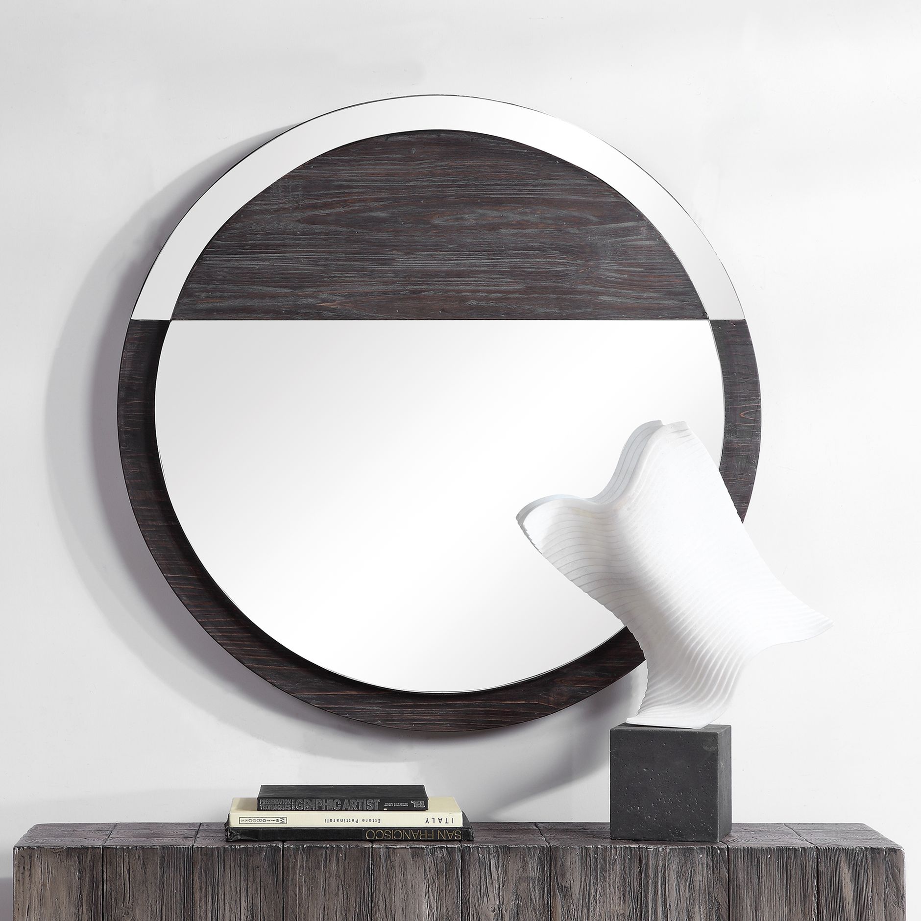 Uttermost Tajitu Walnut and Light Gray 36" Round Wall Mirror