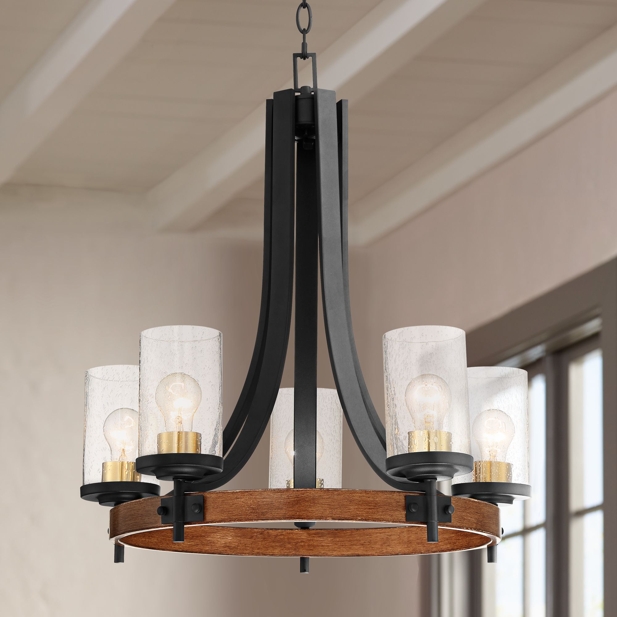 Kata 23" Wide Satin Black and Wood 5-Light Chandelier