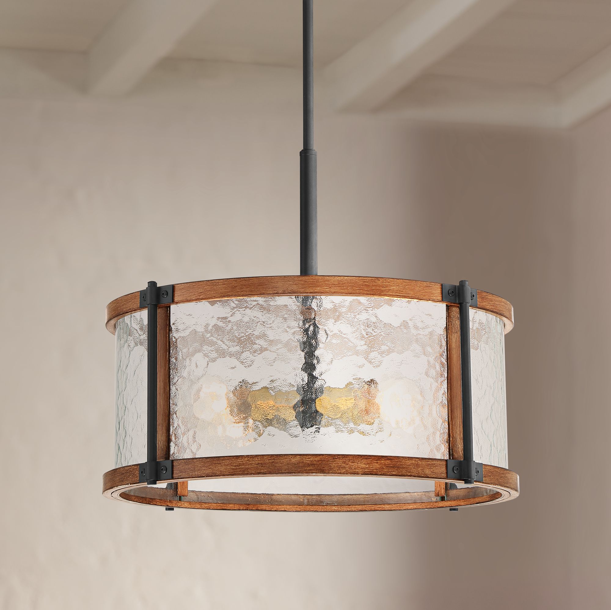 Kata 18 1/4" Wide Satin Black and Wood 4-Light Drum Pendant