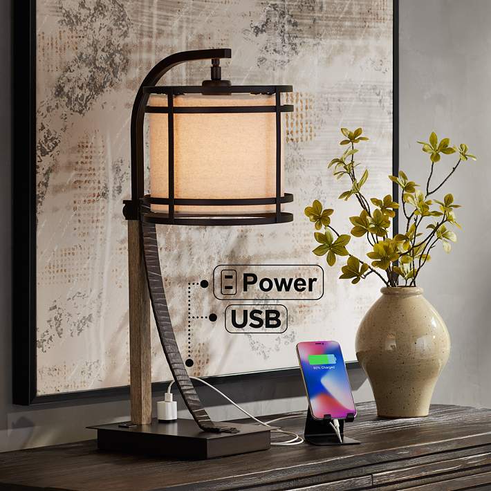 Gentry Bronze Desk Lamp With Power, Rustic Farmhouse Table Lamps With Usb Ports
