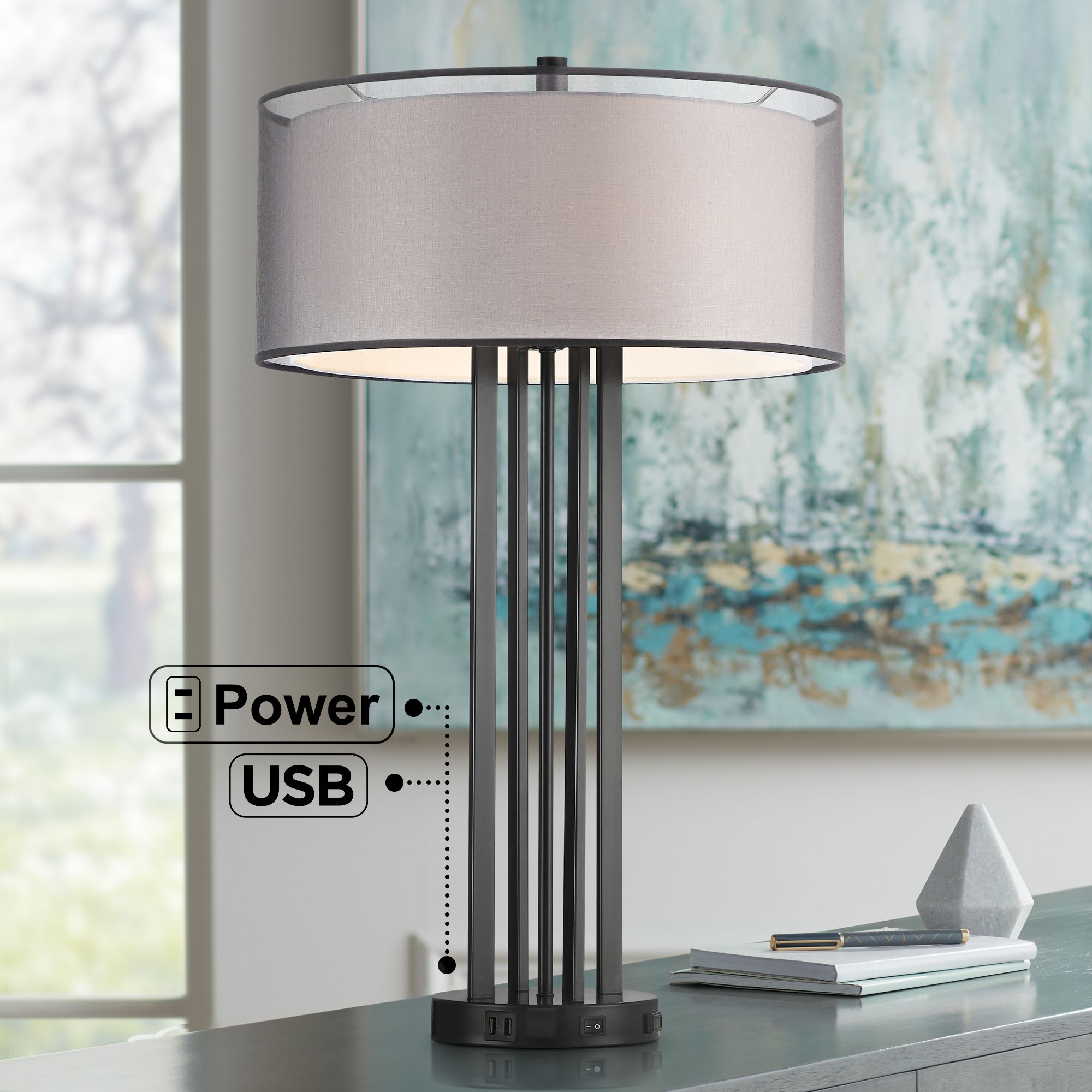 Possini Euro Wyatt Black Table Lamp with USB Ports and Outlet