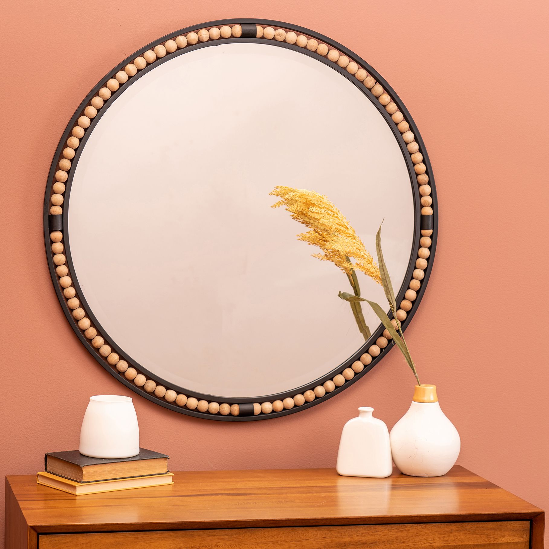 Preslie Matte Black Wooden Beaded 31 1/2" Round Wall Mirror