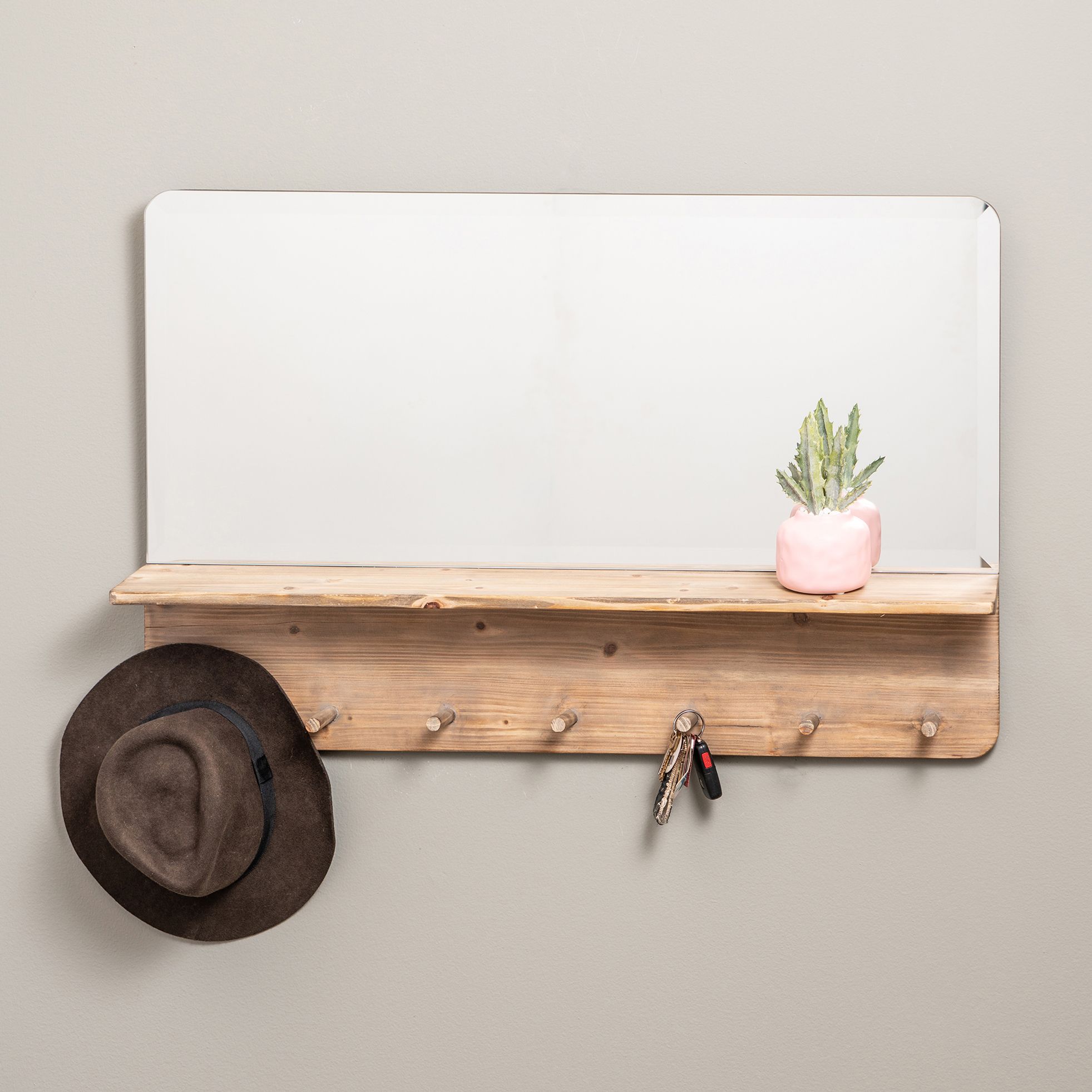 Elise Natural Wooden 36 1/4" x 23 1/2" Wall Mirror w/ Shelf