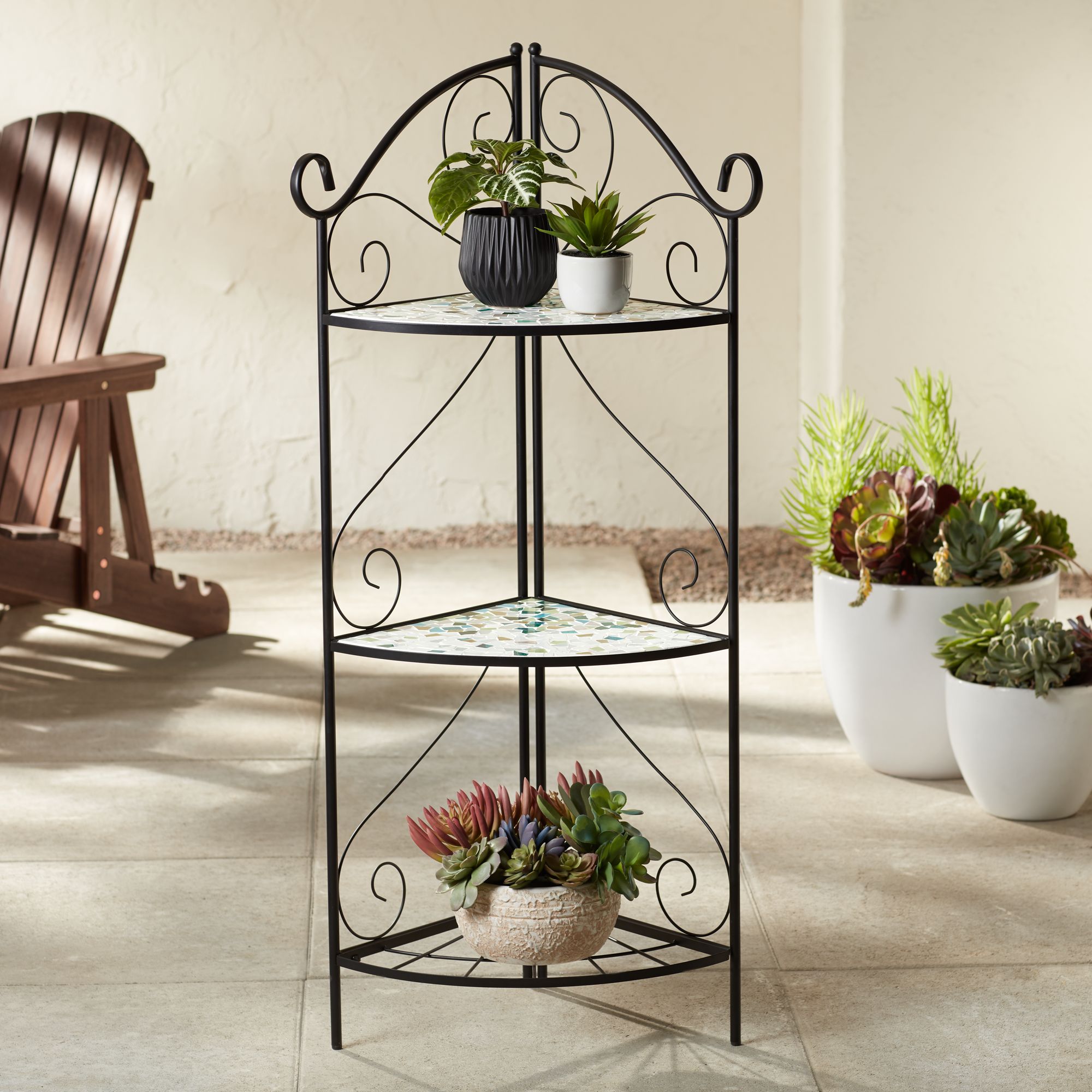 Aqua Mosaic 47" High Black Iron Three Shelf Plant Stand