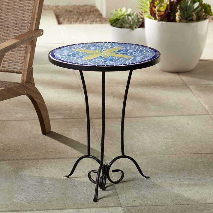 Blue Flower Mosaic Outdoor Accent Table, Mosaic Outdoor Side Table