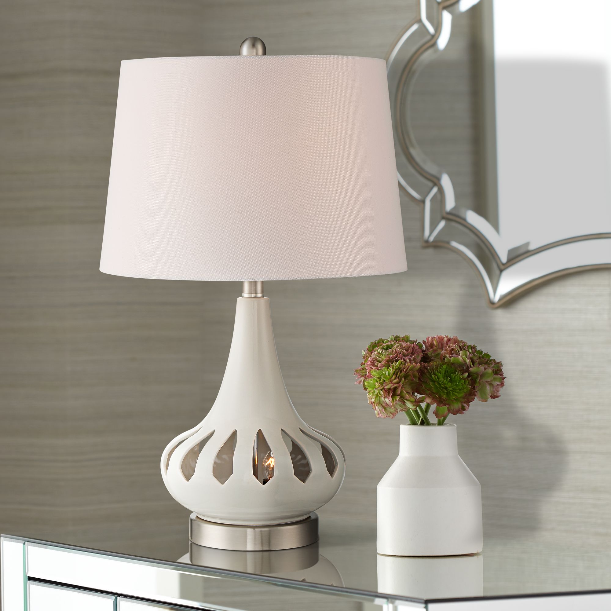 Jeannie White Ceramic Gourd Table Lamp with Night Light