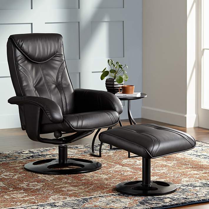 Davenport Black Leather Swivel Recliner, Black Leather Recliner With Ottoman