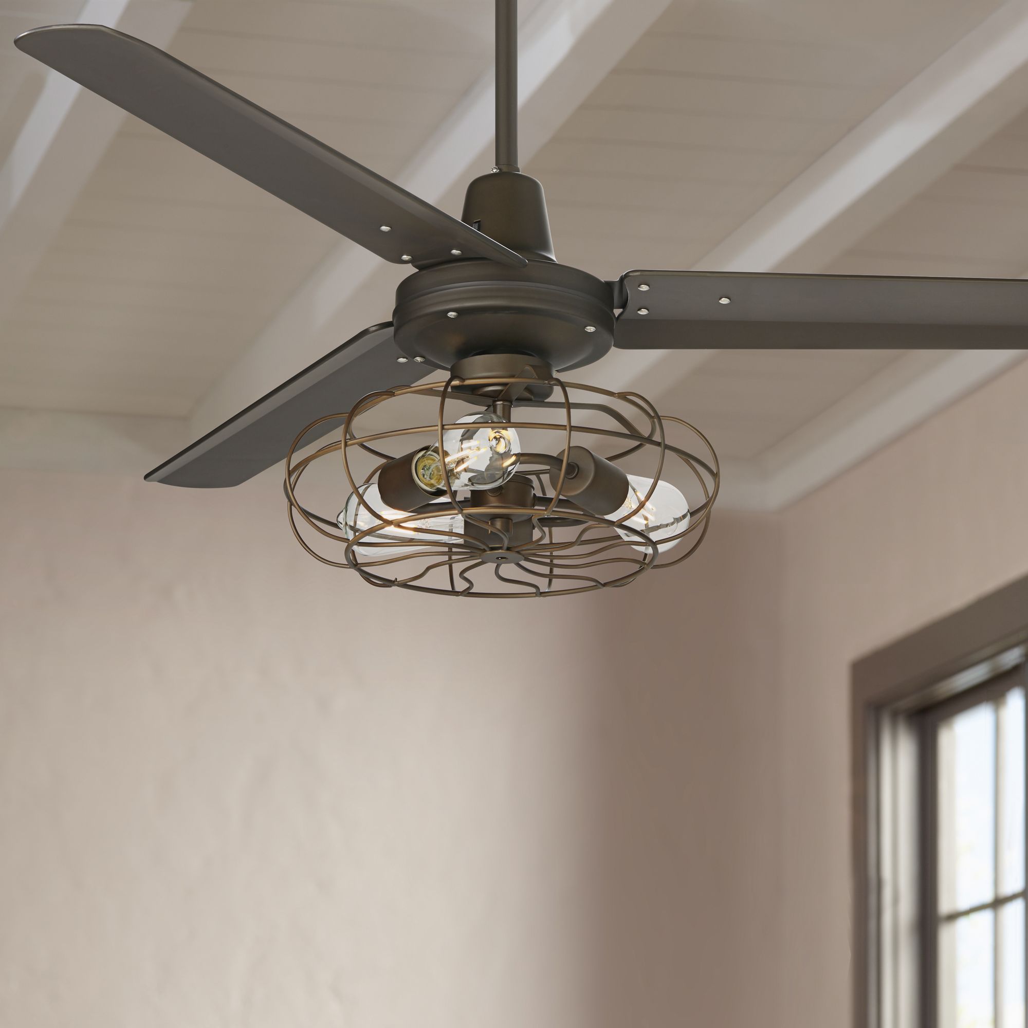 52" Plaza DC Bronze Ceiling Fan with Vintage Cage LED Kit