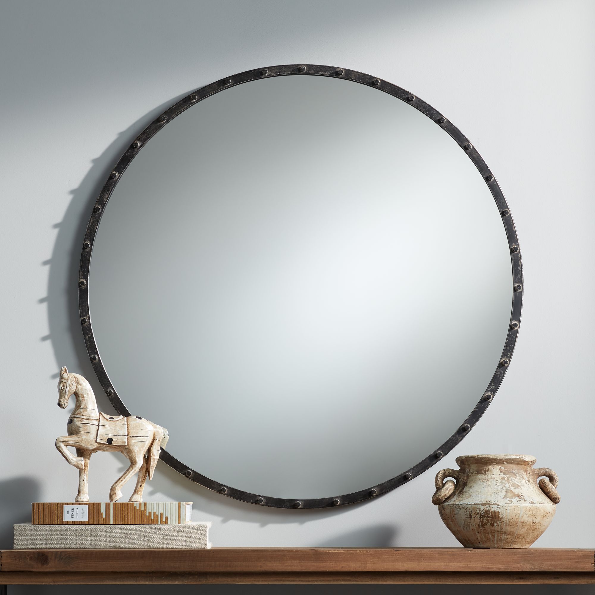 Uttermost Wynn 34" Round Aged Steel Studded Wall Mirror