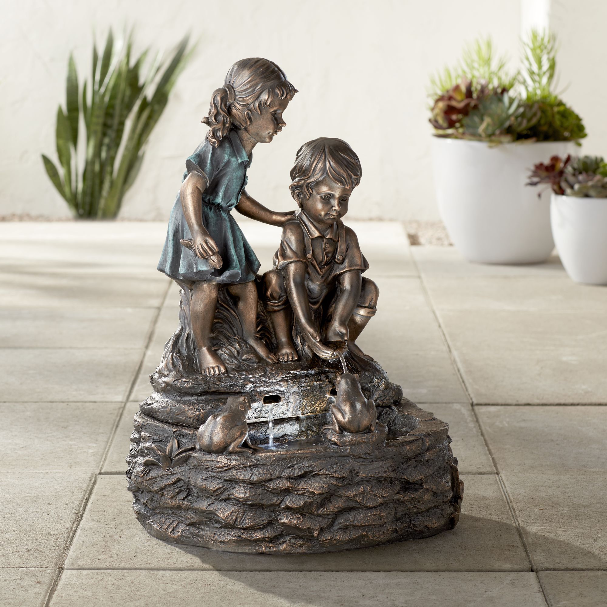Two Kids Over Pond 26" High Bronze LED Floor Water Fountain