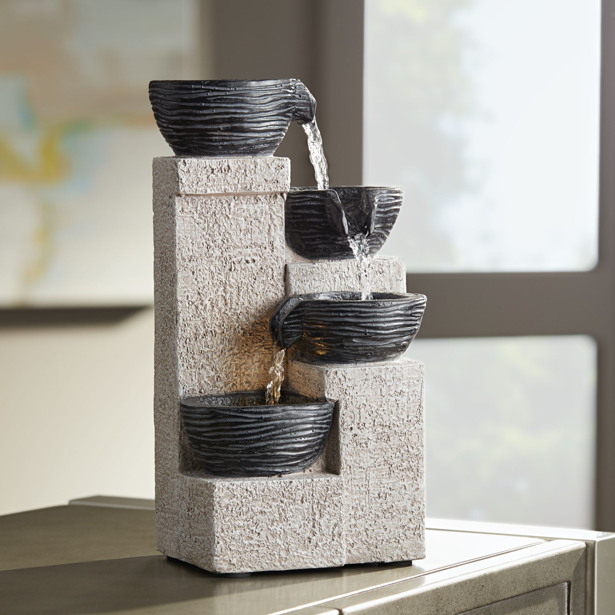 Four Cup 11" High Gray LED Cascading Water Fountain