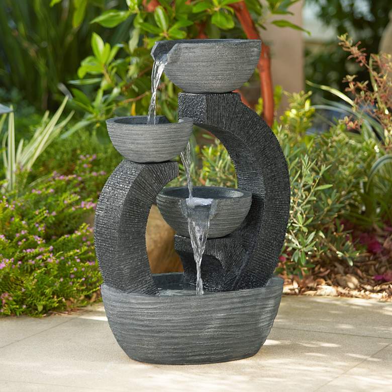 Three Cup 31 1/2&quot; High Gray LED Cascading Floor Fountain