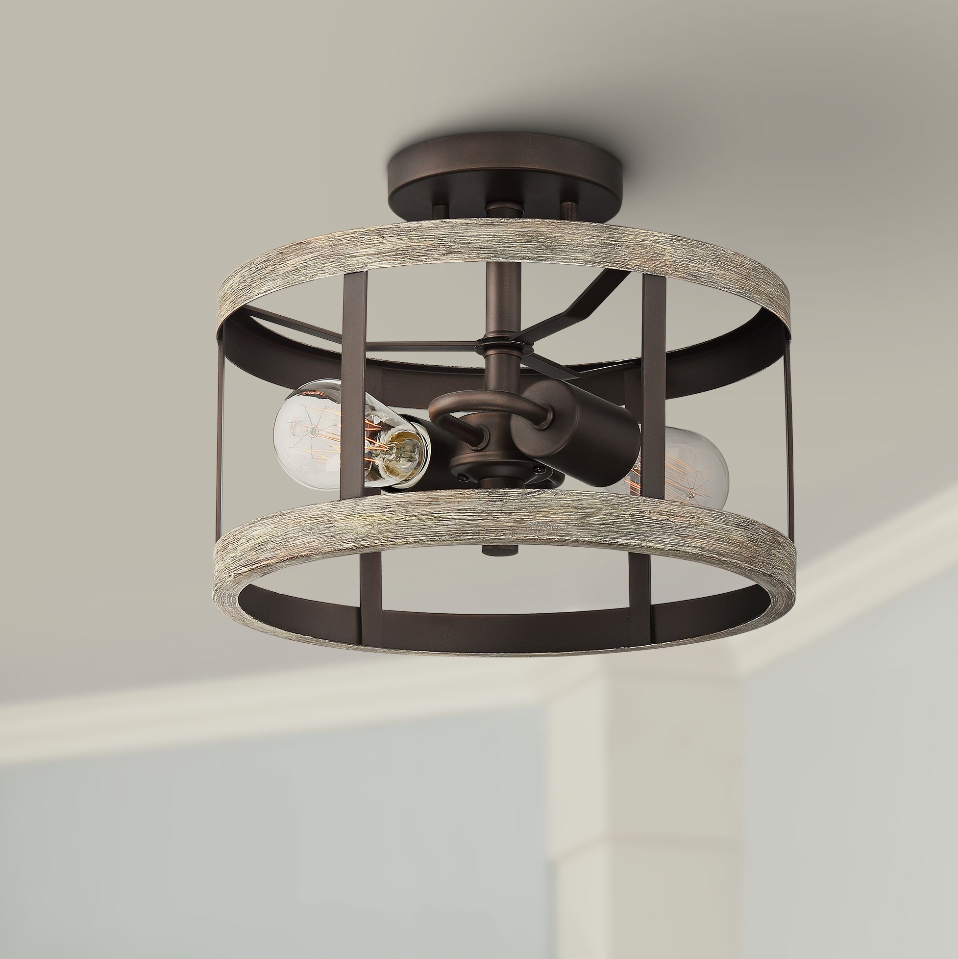 Blantyre 12"W Bronze and Wood 2-Light Ceiling Light