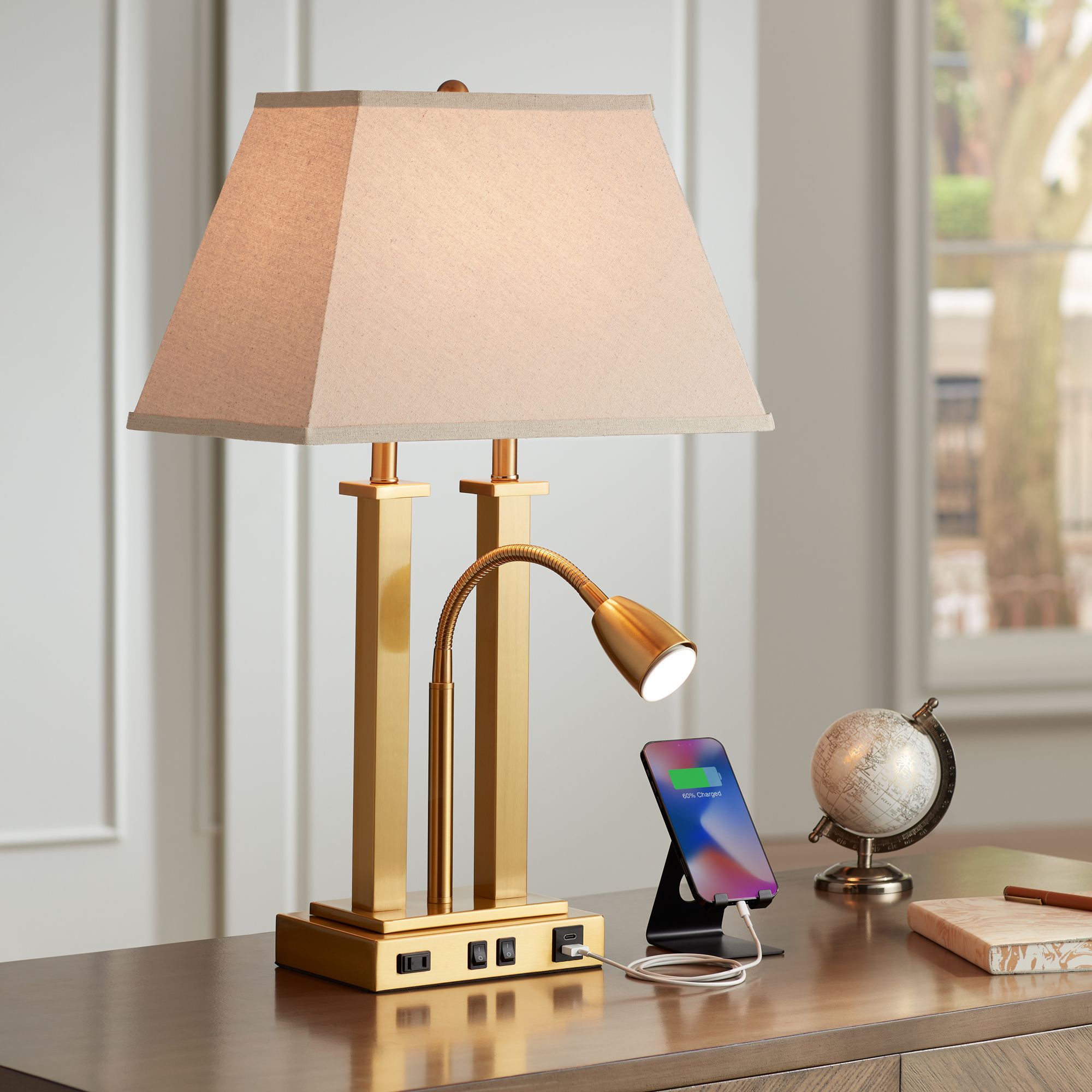 Deacon Brass Gooseneck Desk Lamp with USB Port and Outlet