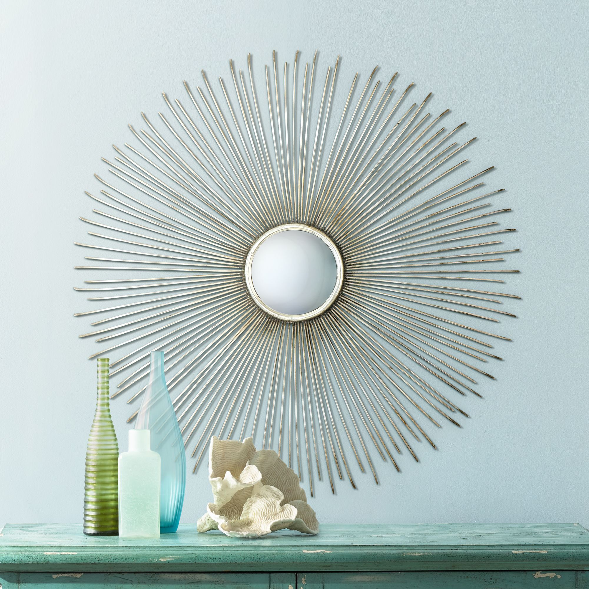 Launa Silver 31 1/2" Round Sunburst Convex Wall Mirror