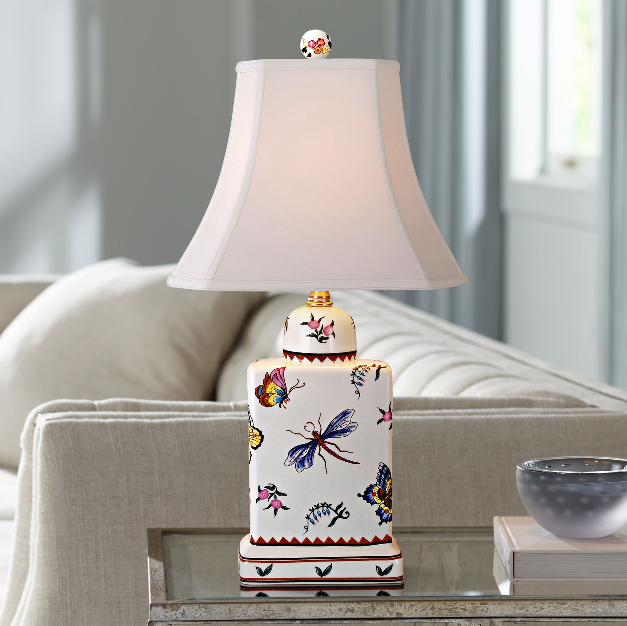 Butterfly Multicolor Porcelain Tea Jar Accent Table Lamp 7N493