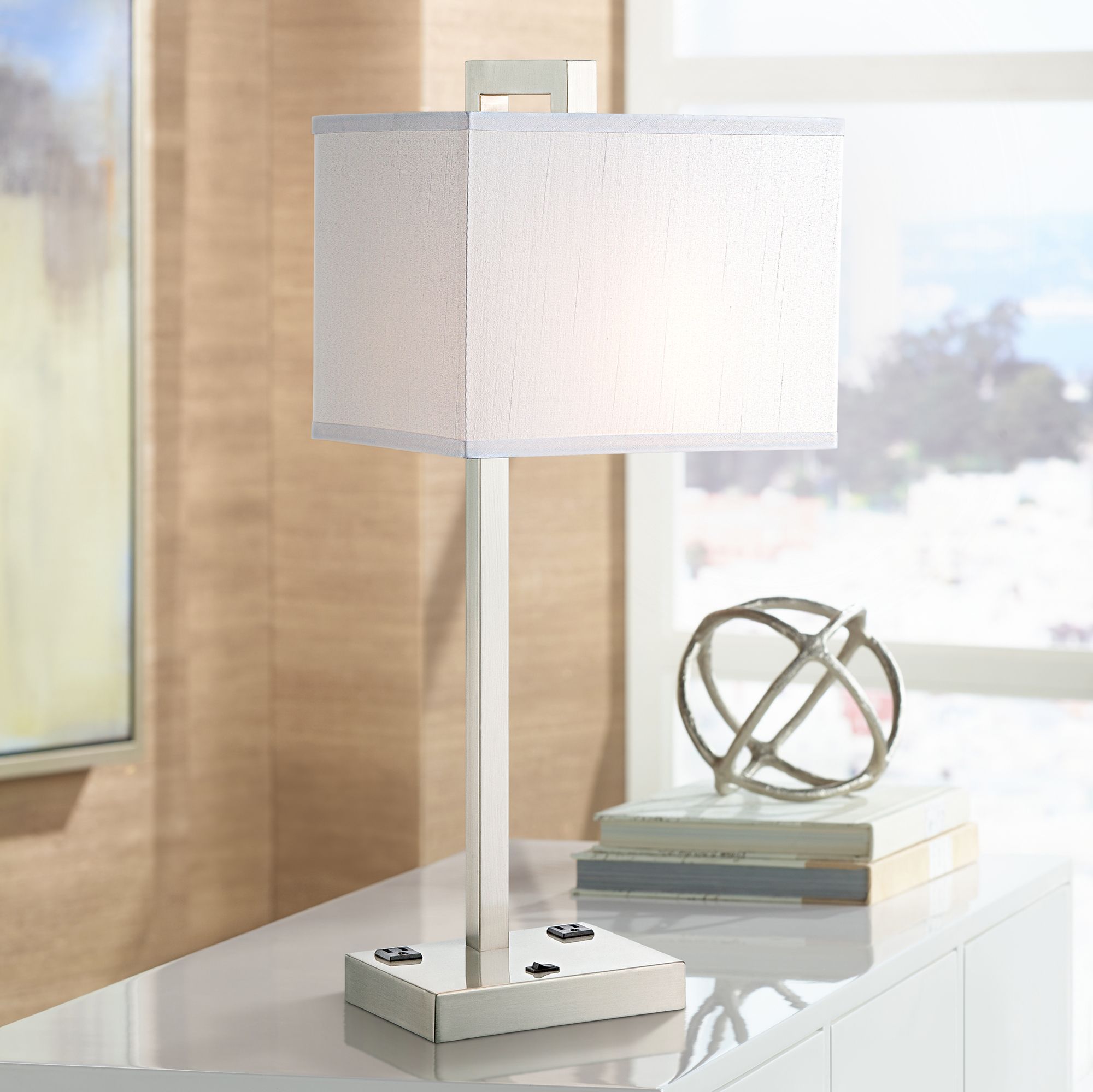 Lite Source Contento 2-Outlet Polished Steel Table Lamp