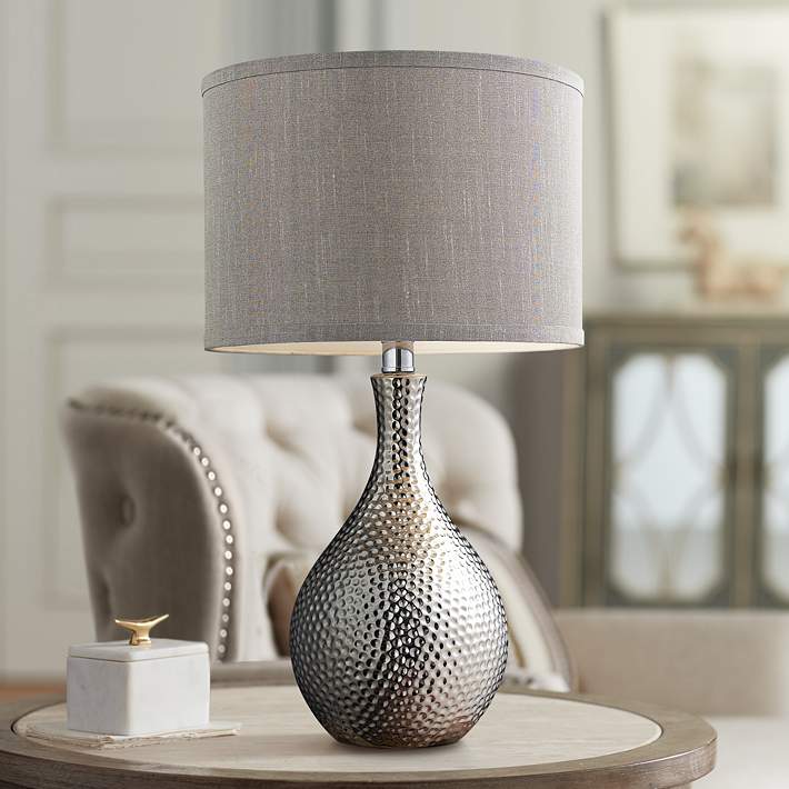 Hammered Chrome Ceramic Table Lamp, Hammered Silver Lamp