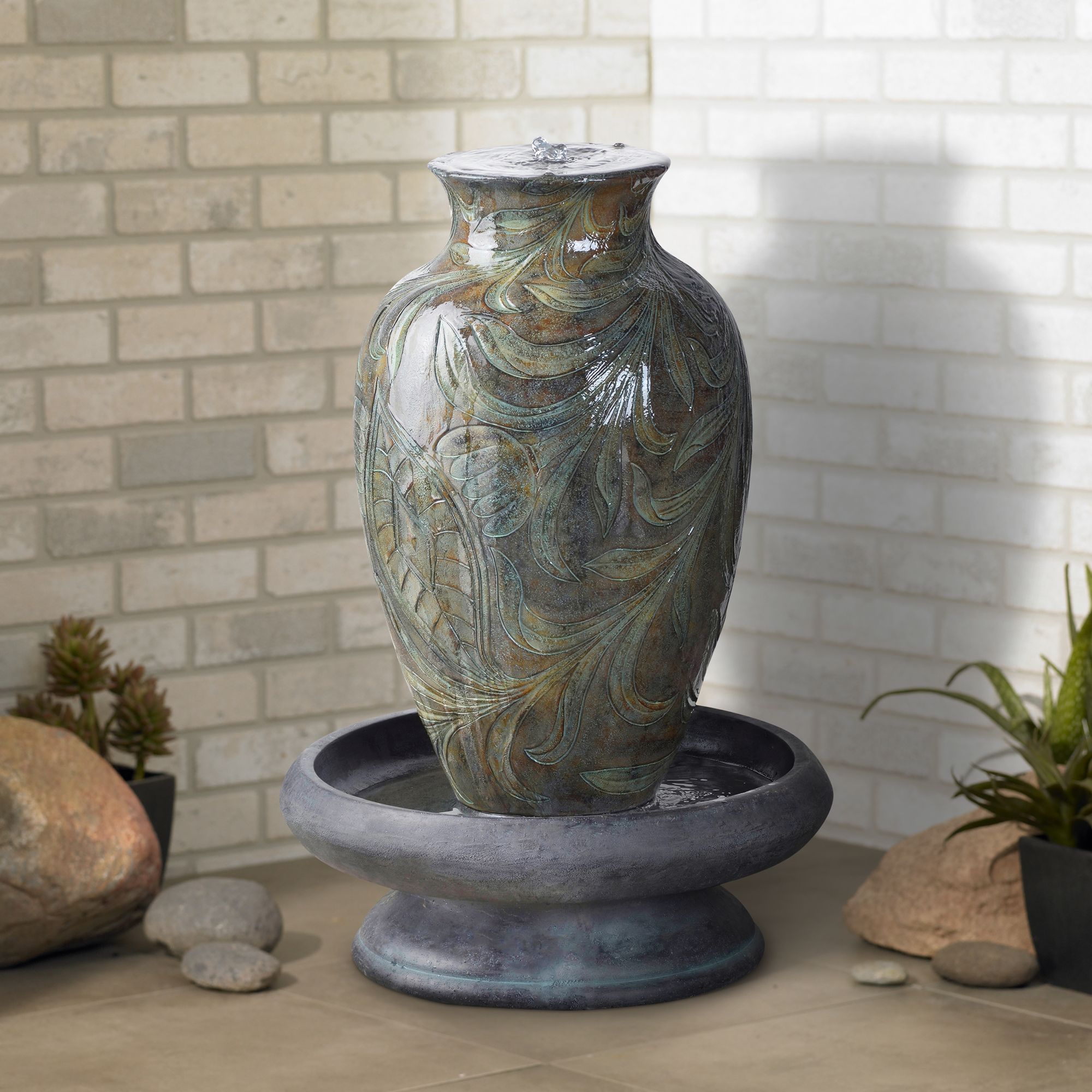 Brielle 29 1/2" High Engraved Urn Bubbler Patio Fountain