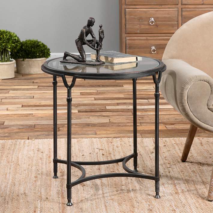 Wide Black Metal Round Side Table, Round Metal End Table With Drawer