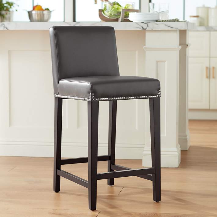 2 Gray Bonded Leather Counter Stool, White Leather Bar Stools With Nailheads