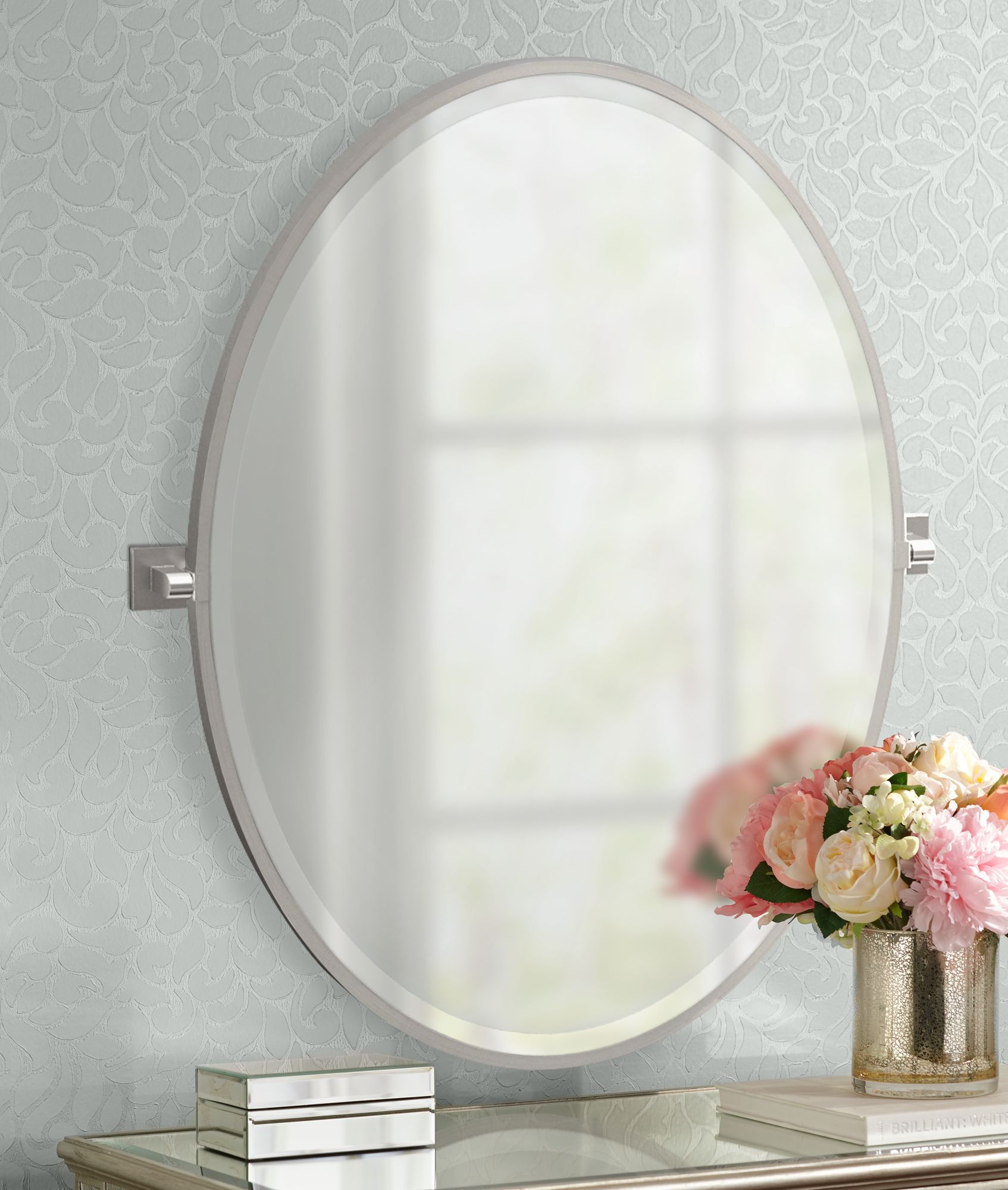 Gatco Elevate Satin Nickel 28 1/4" x 33" Oval Wall Mirror